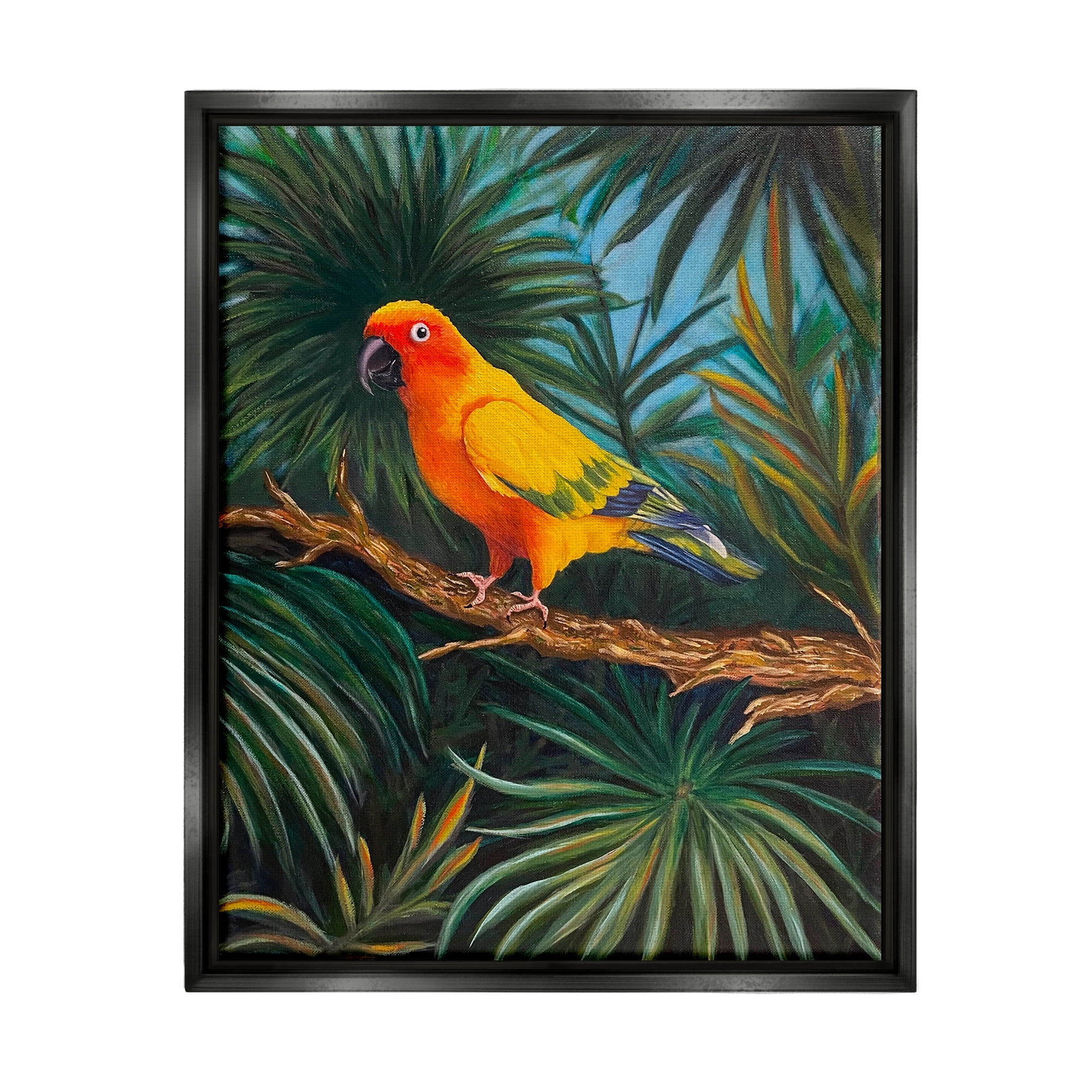 Stupell Industries Parrot in Tropical Trees Animals & Insects Painting Black Floater Framed Canvas Art Print Wall Art, 25 x 31