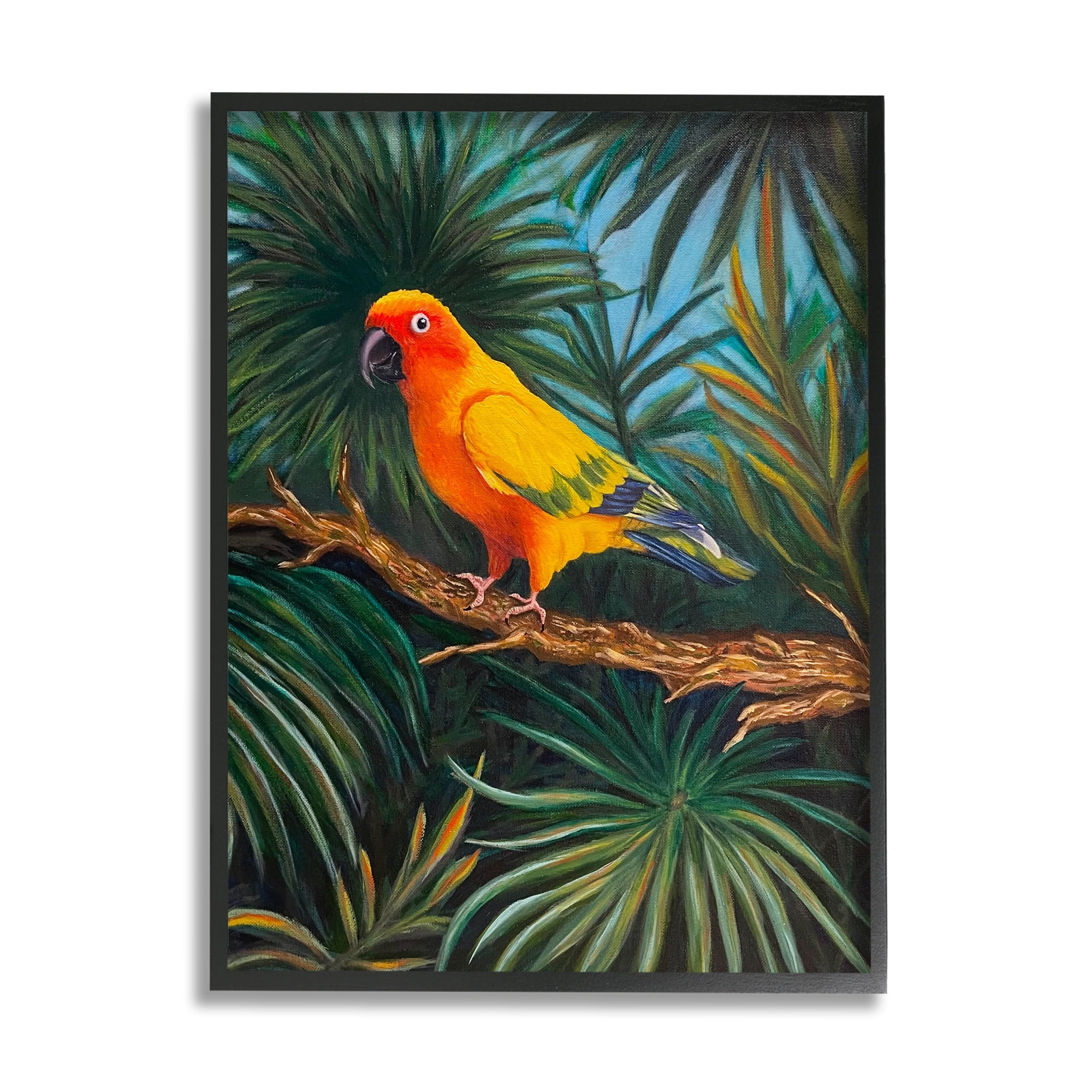 Stupell Industries Parrot in Tropical Trees Animals & Insects Painting Black Framed Art Print Wall Art, 24 x 30