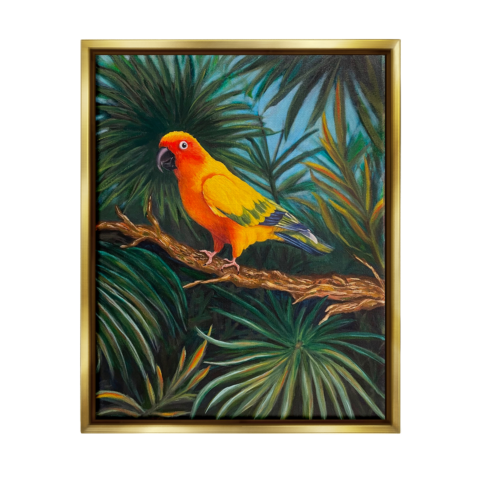 Stupell Industries Parrot in Tropical Trees Animals & Insects Painting Gold Floater Framed Canvas Art Print Wall Art, 17 x 21