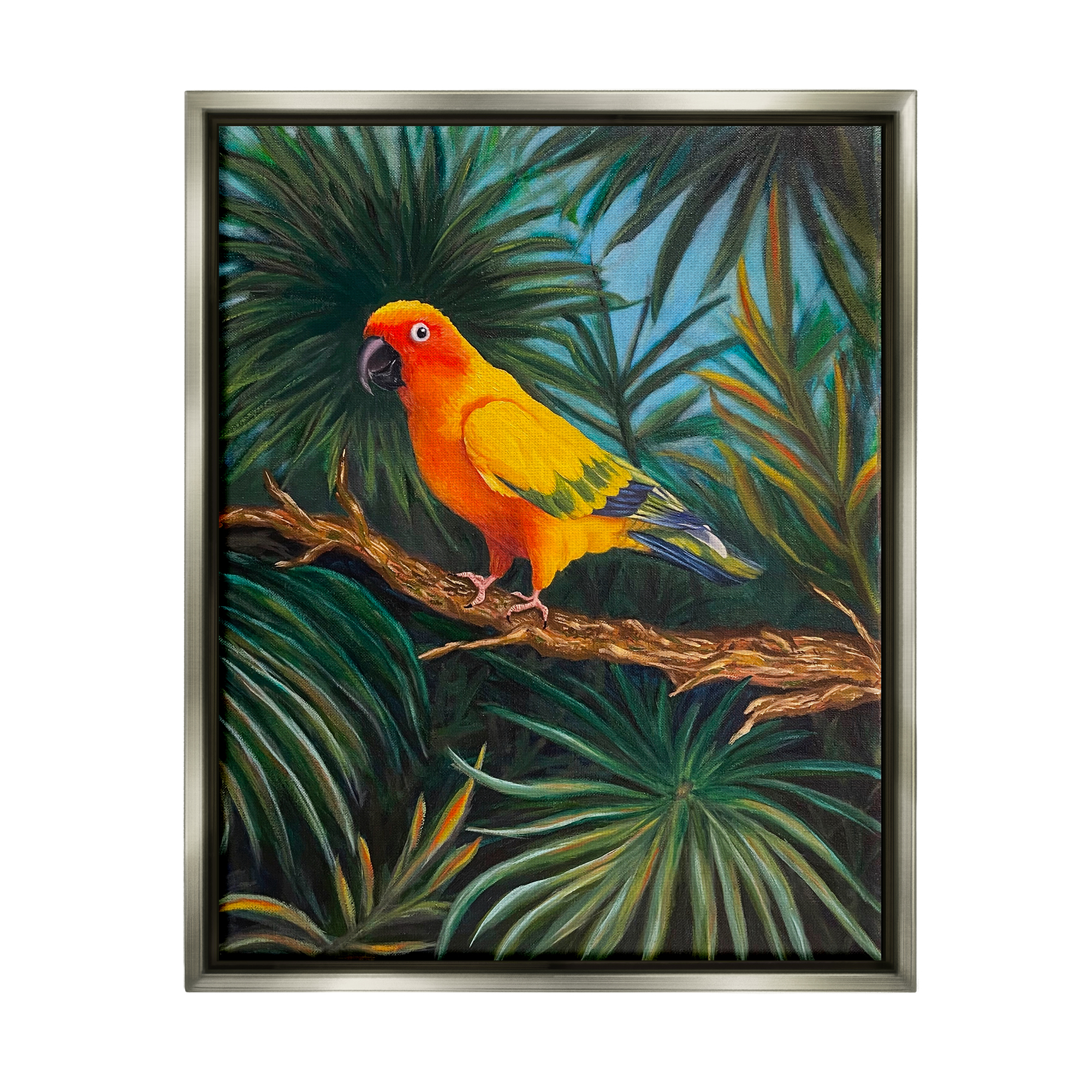 Stupell Industries Parrot in Tropical Trees Animals & Insects Painting Gray Floater Framed Canvas Art Print Wall Art, 25 x 31