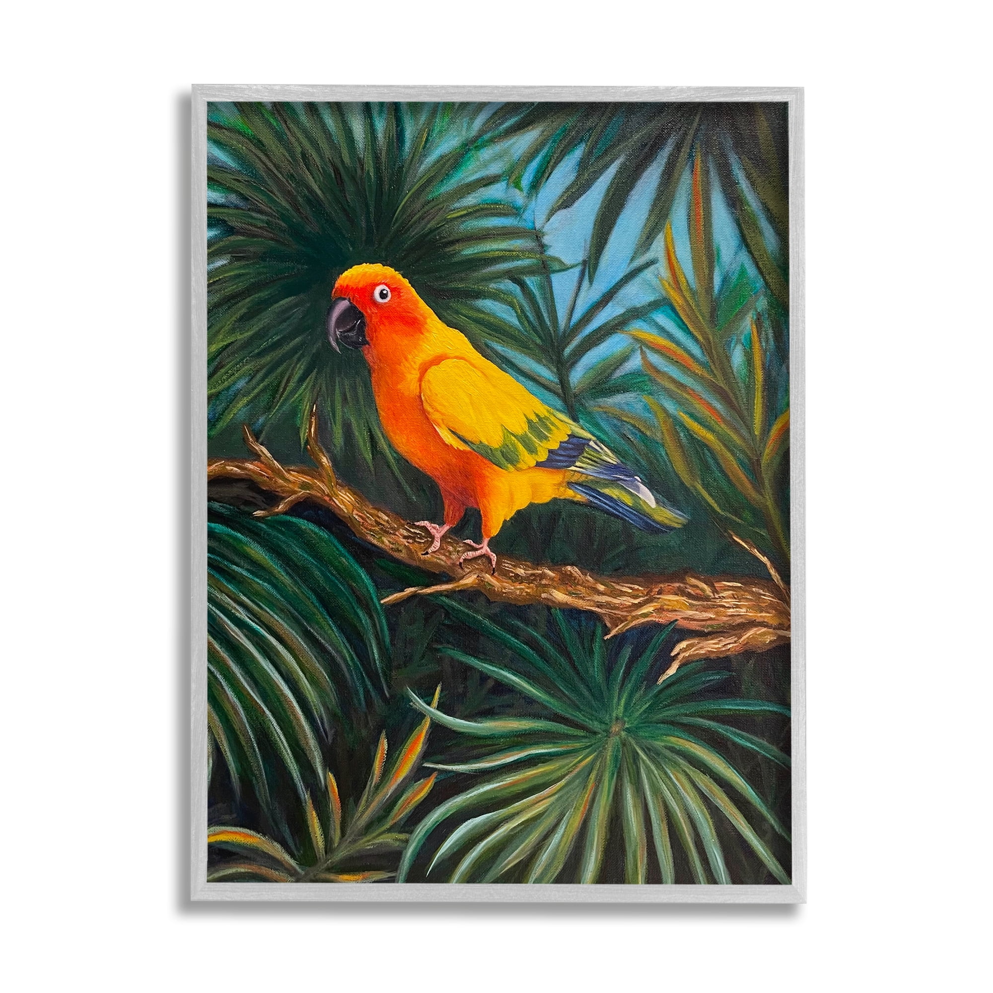 Stupell Industries Parrot in Tropical Trees Animals & Insects Painting Gray Framed Art Print Wall Art, 16 x 20
