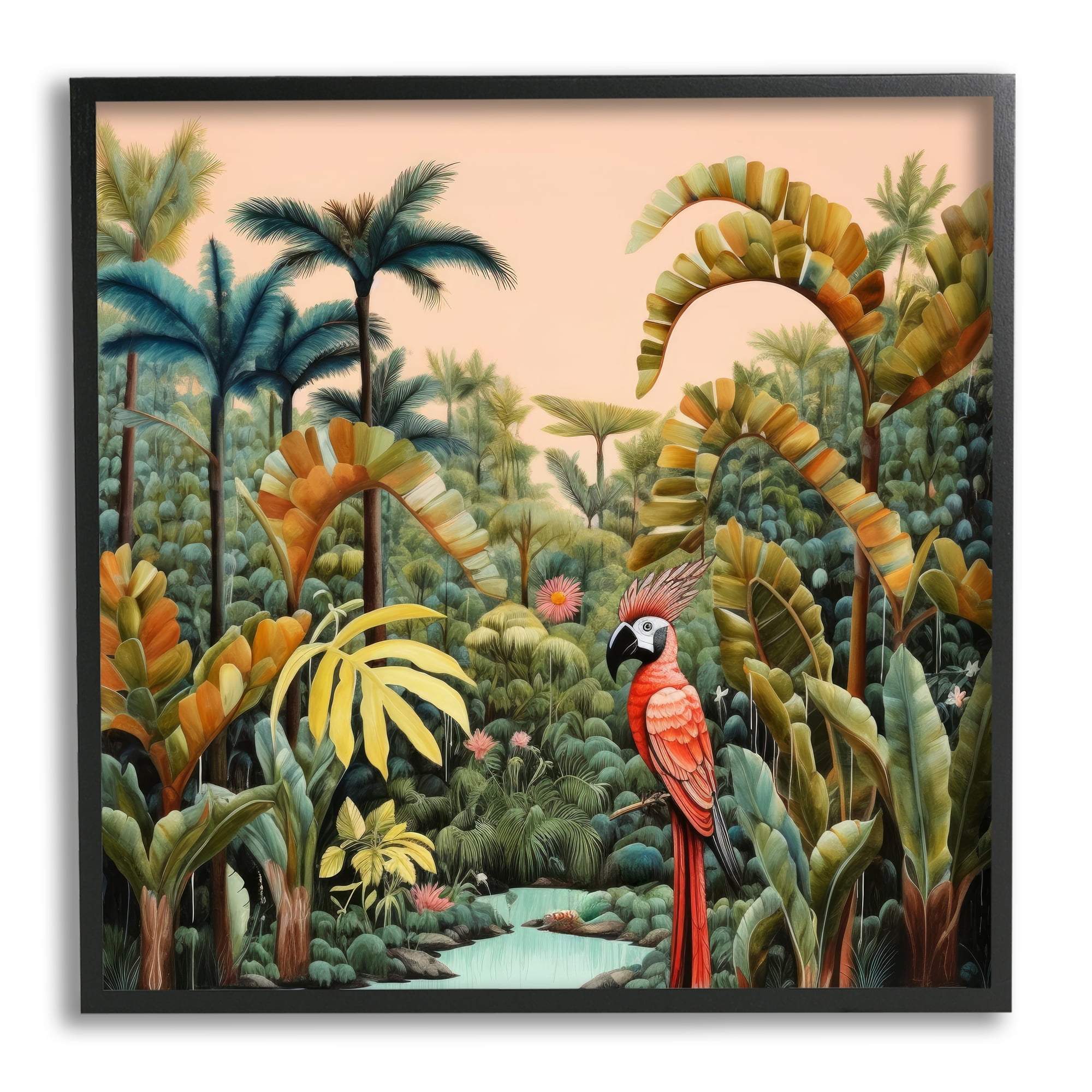 Stupell Industries Parrot in Tropical Vegetation Landscape Painting Black Framed Art Print Wall Art, 17 x 17