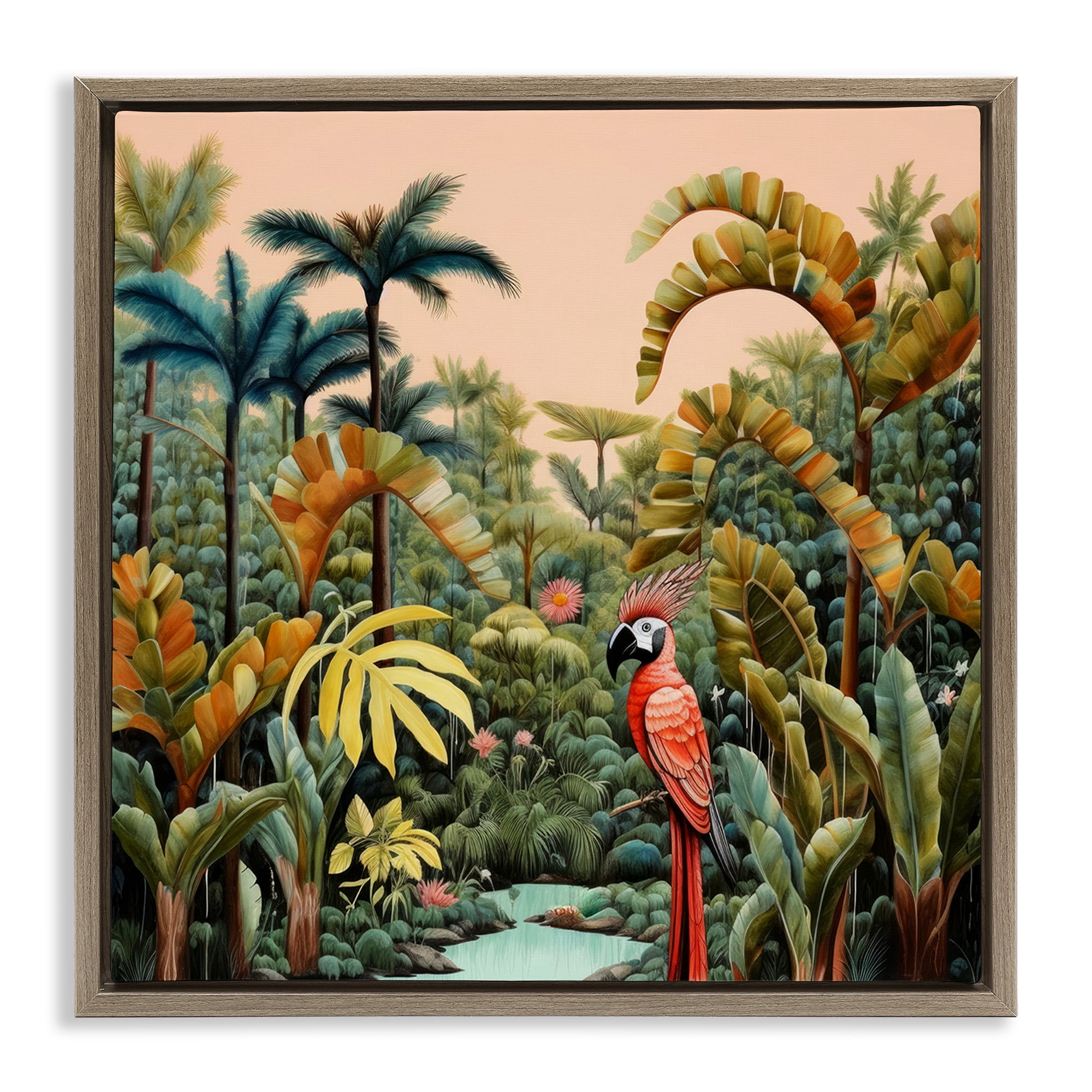 Stupell Industries Parrot in Tropical Vegetation Landscape Painting Brown Floater Framed Canvas Art Print Wall Art, 25 x 25