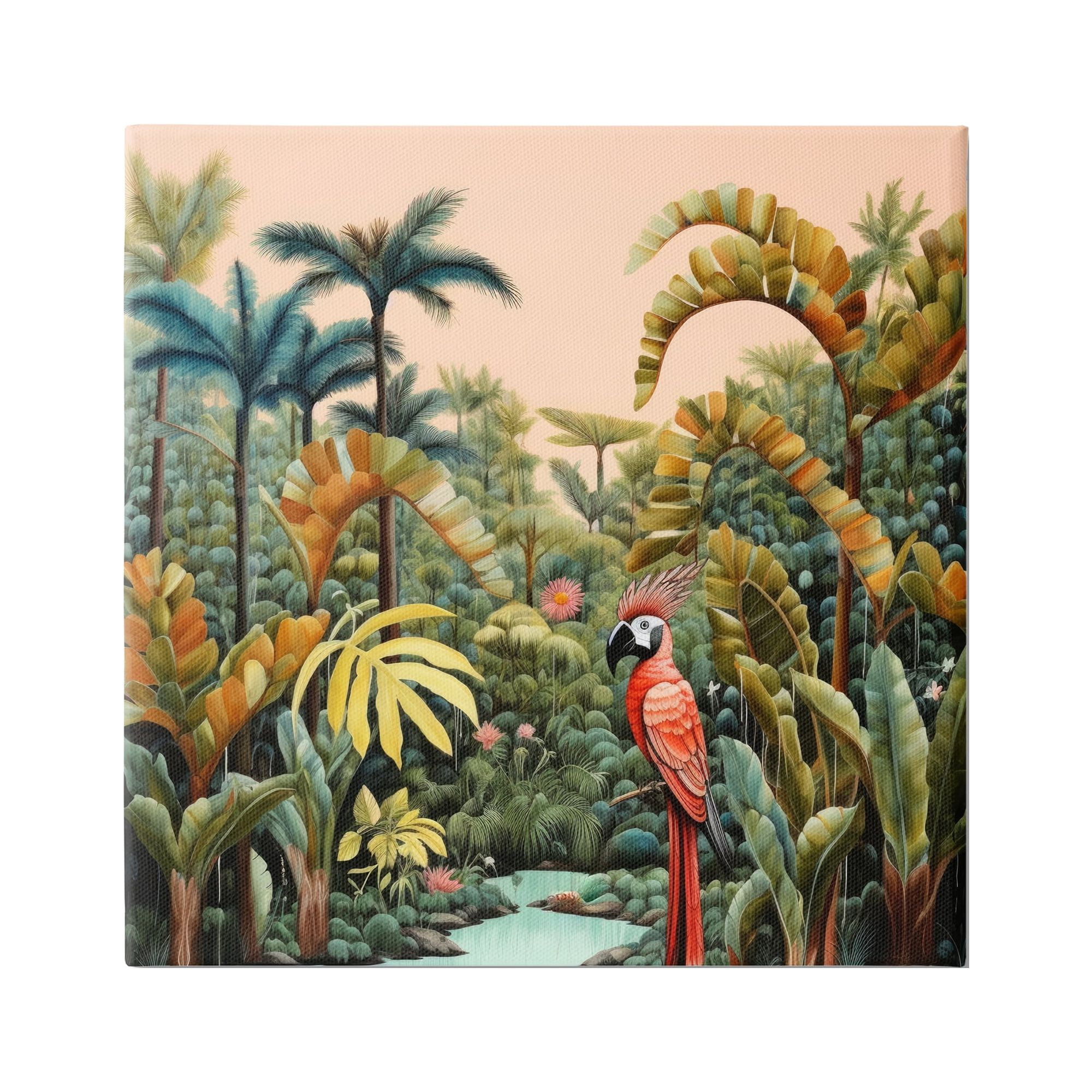 Tropical Jungle Landscape Canvas Art with Parrot, 24" x 24"