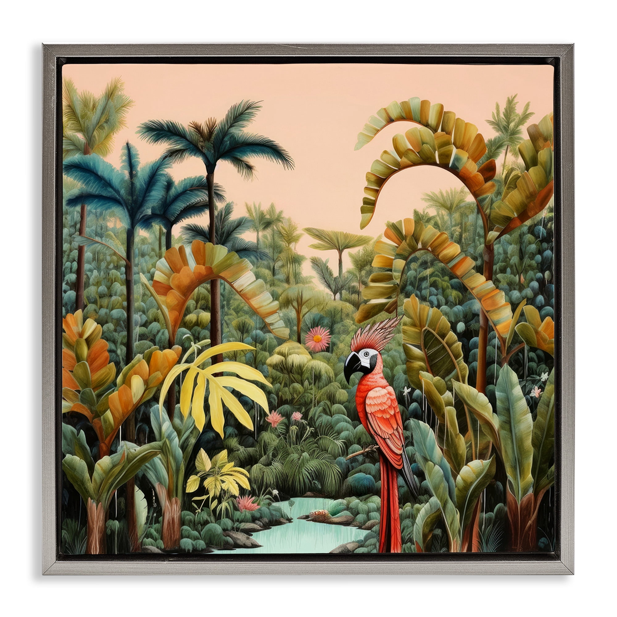 Stupell Industries Parrot in Tropical Vegetation Landscape Painting Gray Floater Framed Canvas Art Print Wall Art, 25 x 25