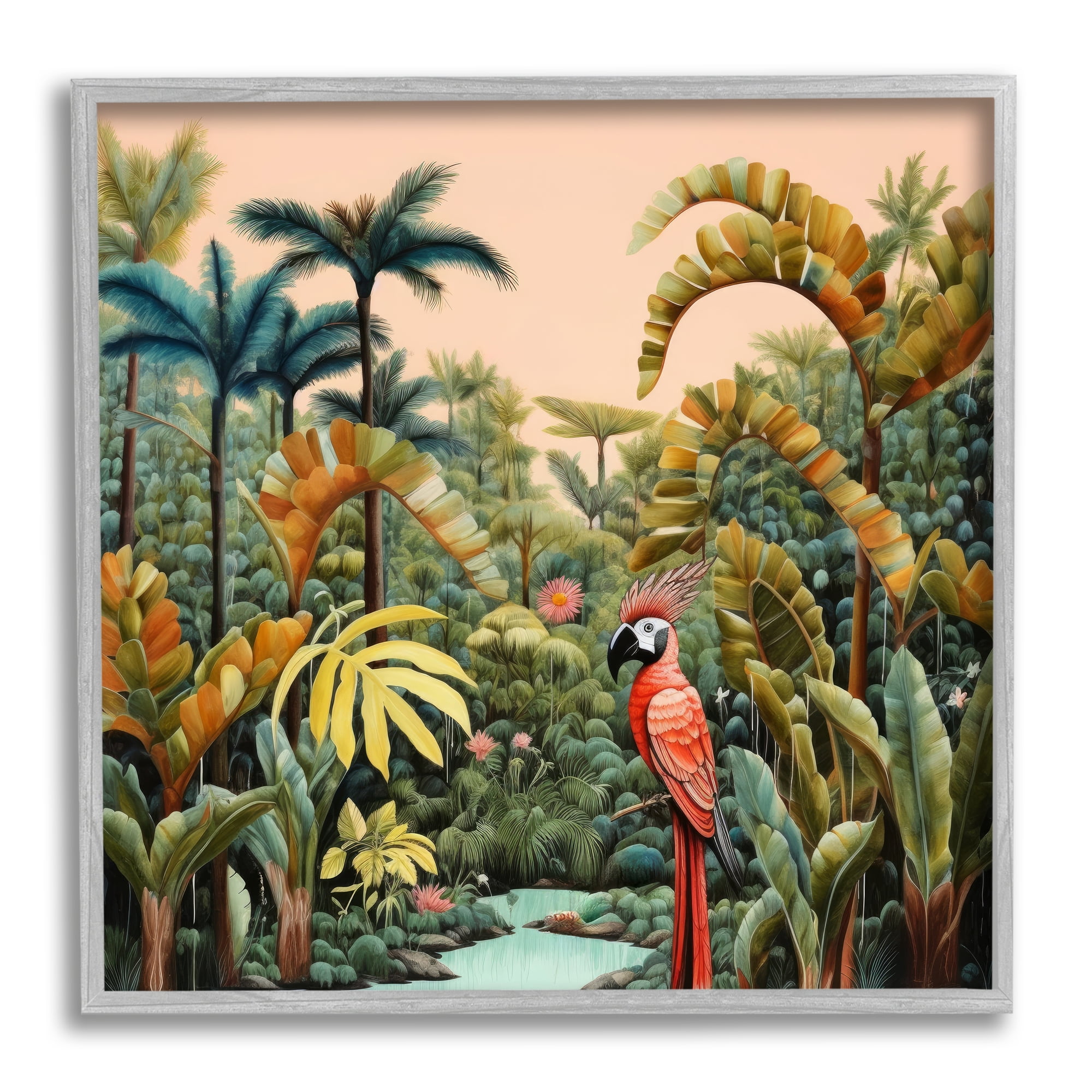 Gray Framed Tropical Landscape Print with Parrot, 17" x 17"
