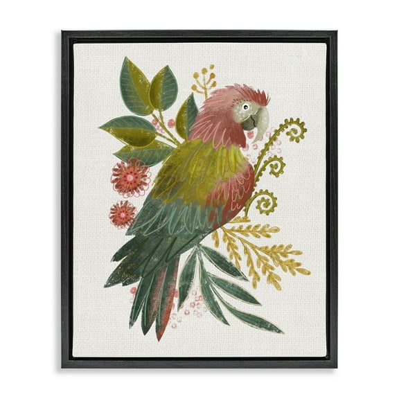Stupell Industries Parrot with Eclectic Leaves Animals & Insects Painting Black Floater Framed Canvas Art Print Wall Art, 17 x 21