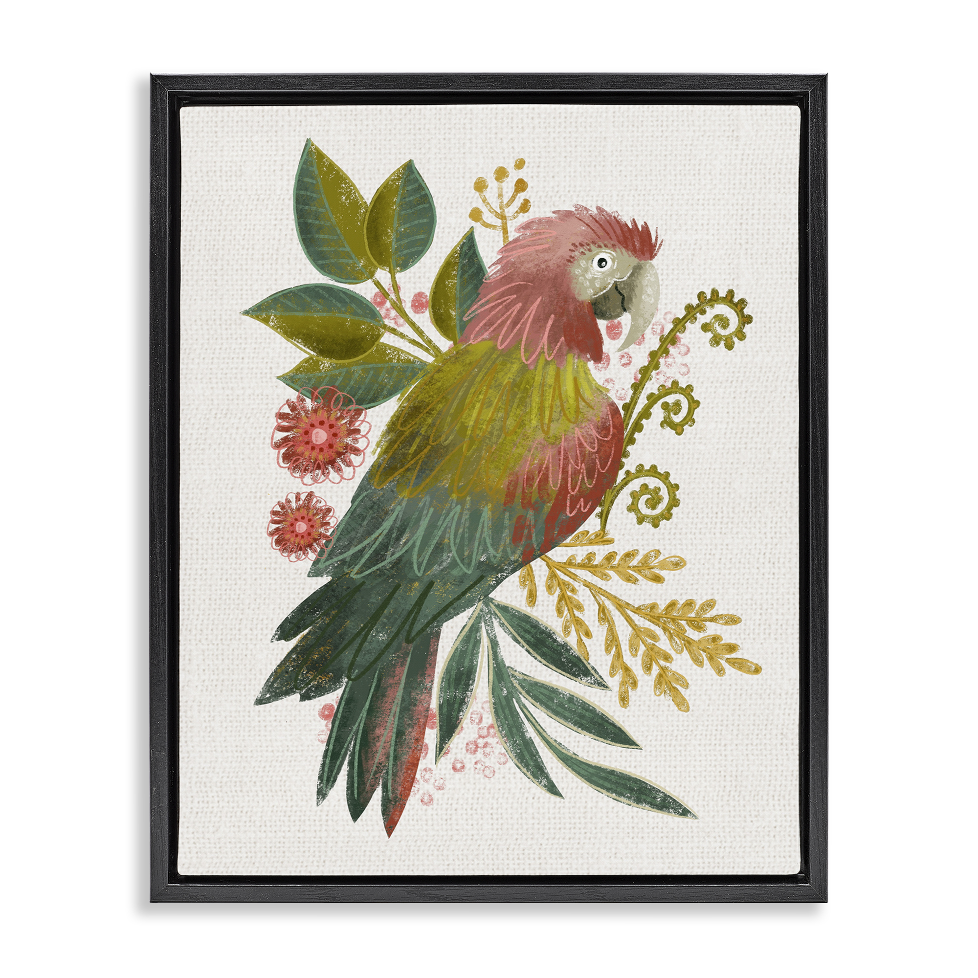 Stupell Industries Parrot with Eclectic Leaves Animals & Insects Painting Black Floater Framed Canvas Art Print Wall Art, 25 x 31