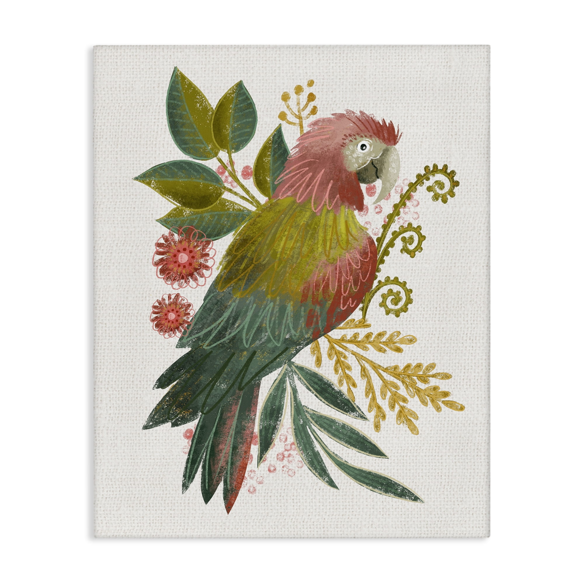 Stupell Industries Parrot with Eclectic Leaves Animals & Insects Painting Gallery Wrapped Canvas Art Print Wall Art, 36 x 48