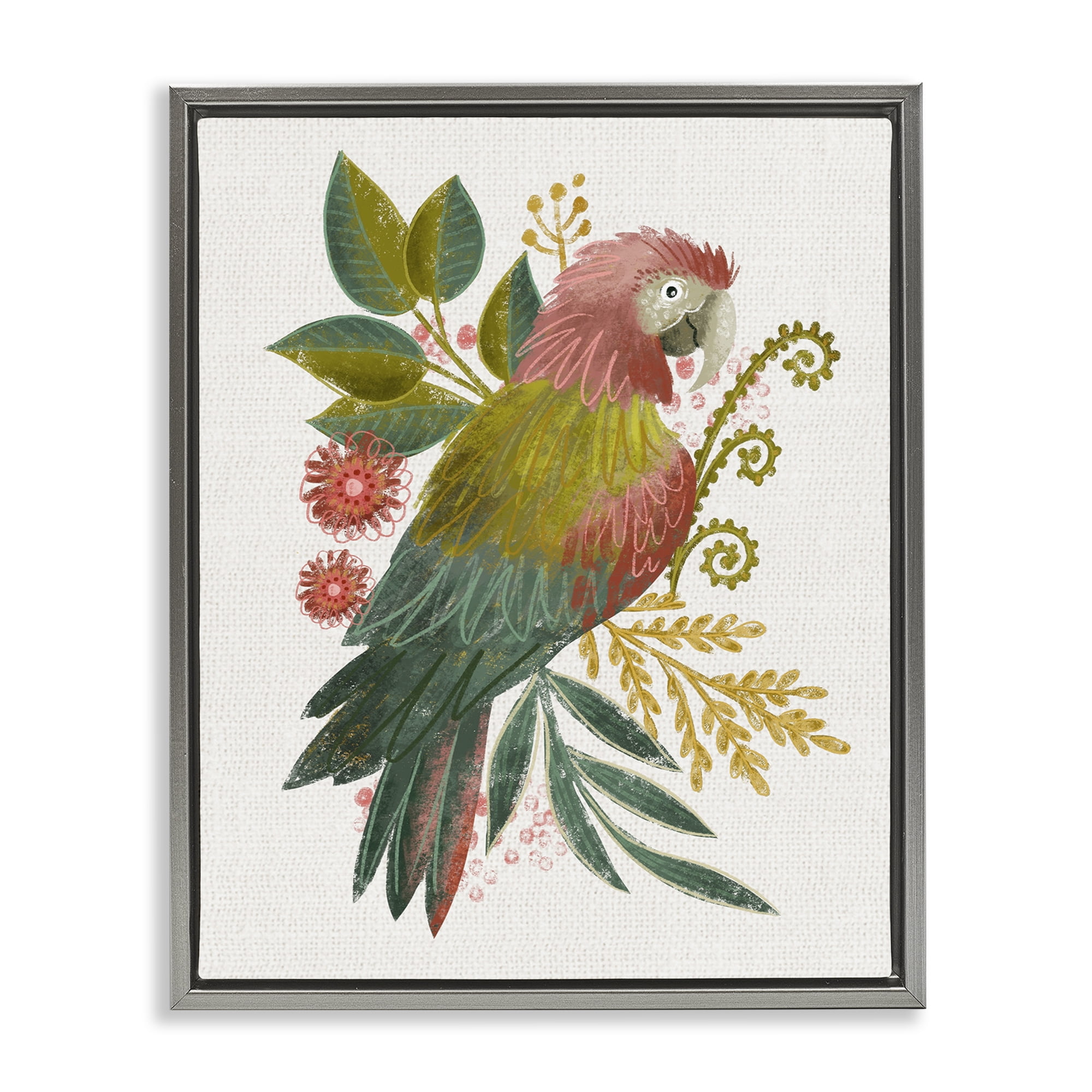 Stupell Industries Parrot with Eclectic Leaves Animals & Insects Painting Gray Floater Framed Canvas Art Print Wall Art, 17 x 21