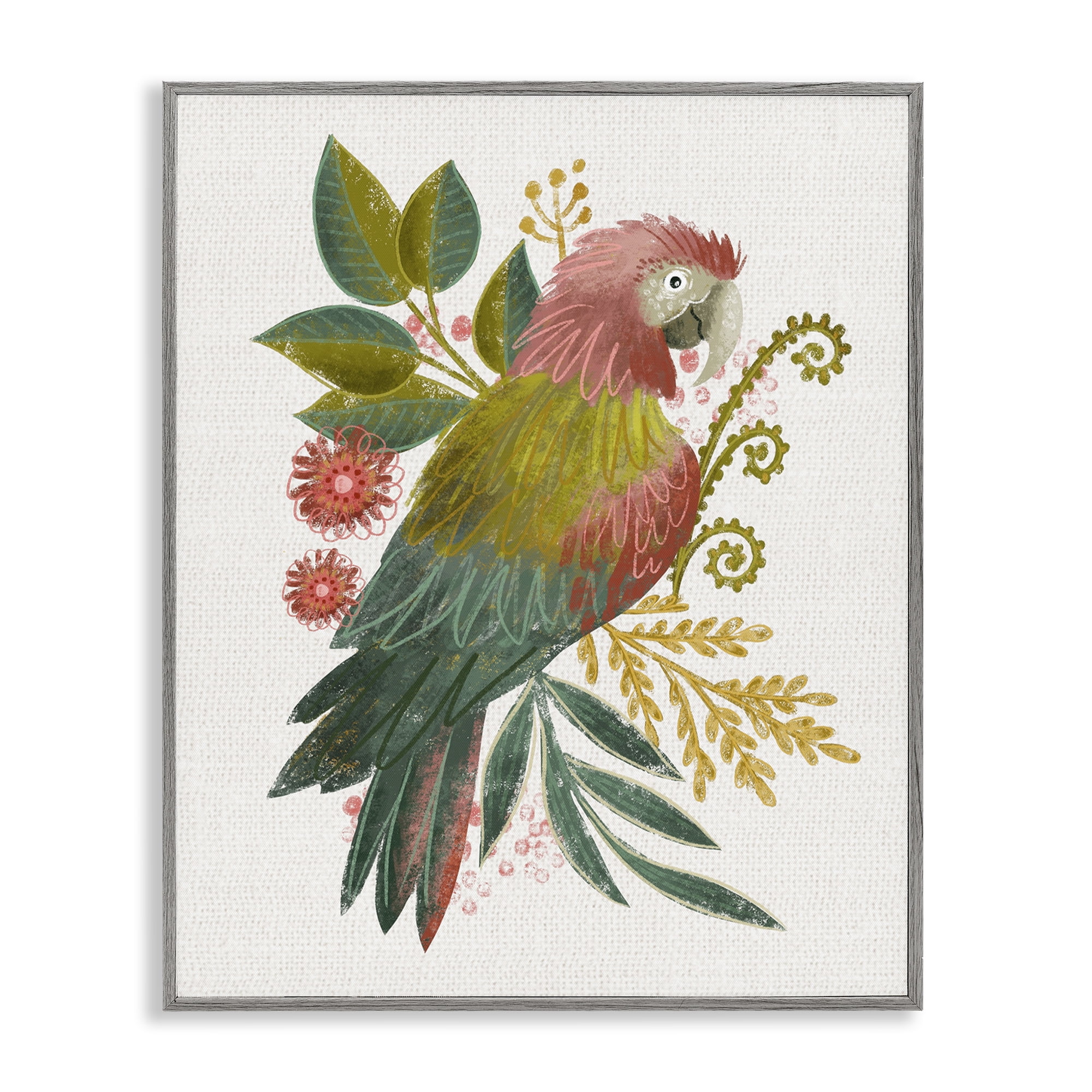 Stupell Industries Parrot with Eclectic Leaves Animals & Insects Painting Gray Framed Art Print Wall Art, 16 x 20