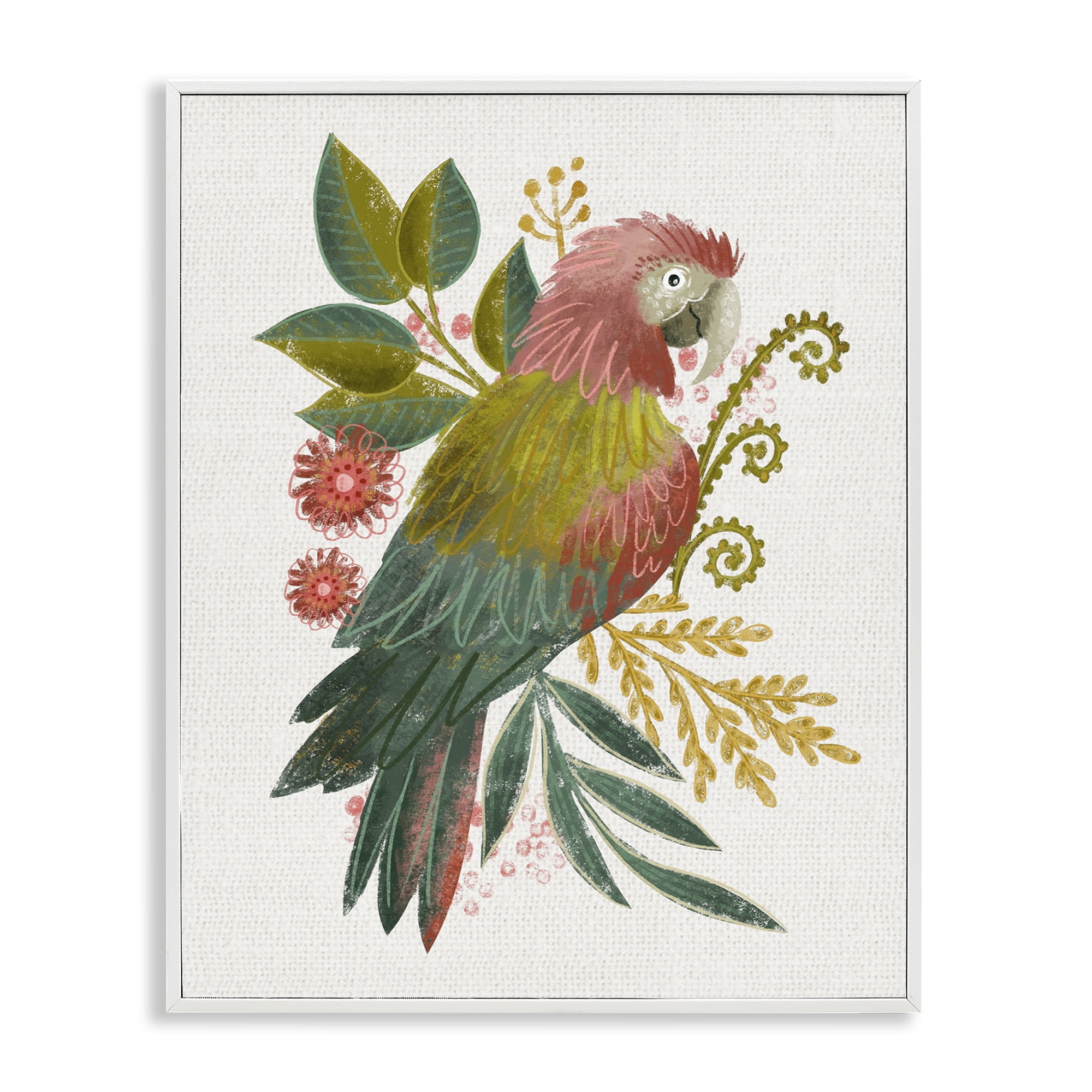 Stupell Industries Parrot with Eclectic Leaves Animals & Insects Painting White Framed Art Print Wall Art, 24 x 30