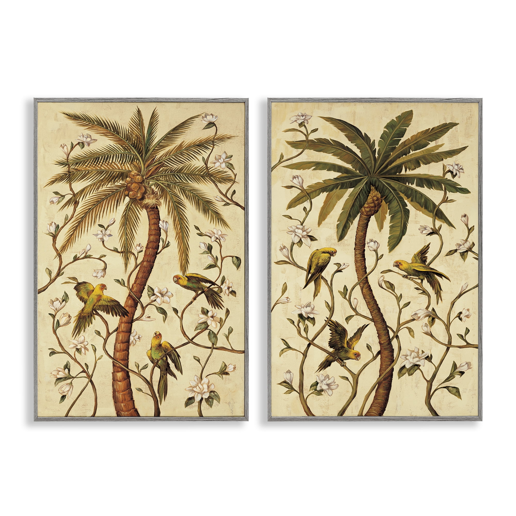Stupell Industries Parrots & Curving Palm Trees Landscape & Nature Painting Gray Framed Art Print Wall Art, 20 x 30, Set of 2