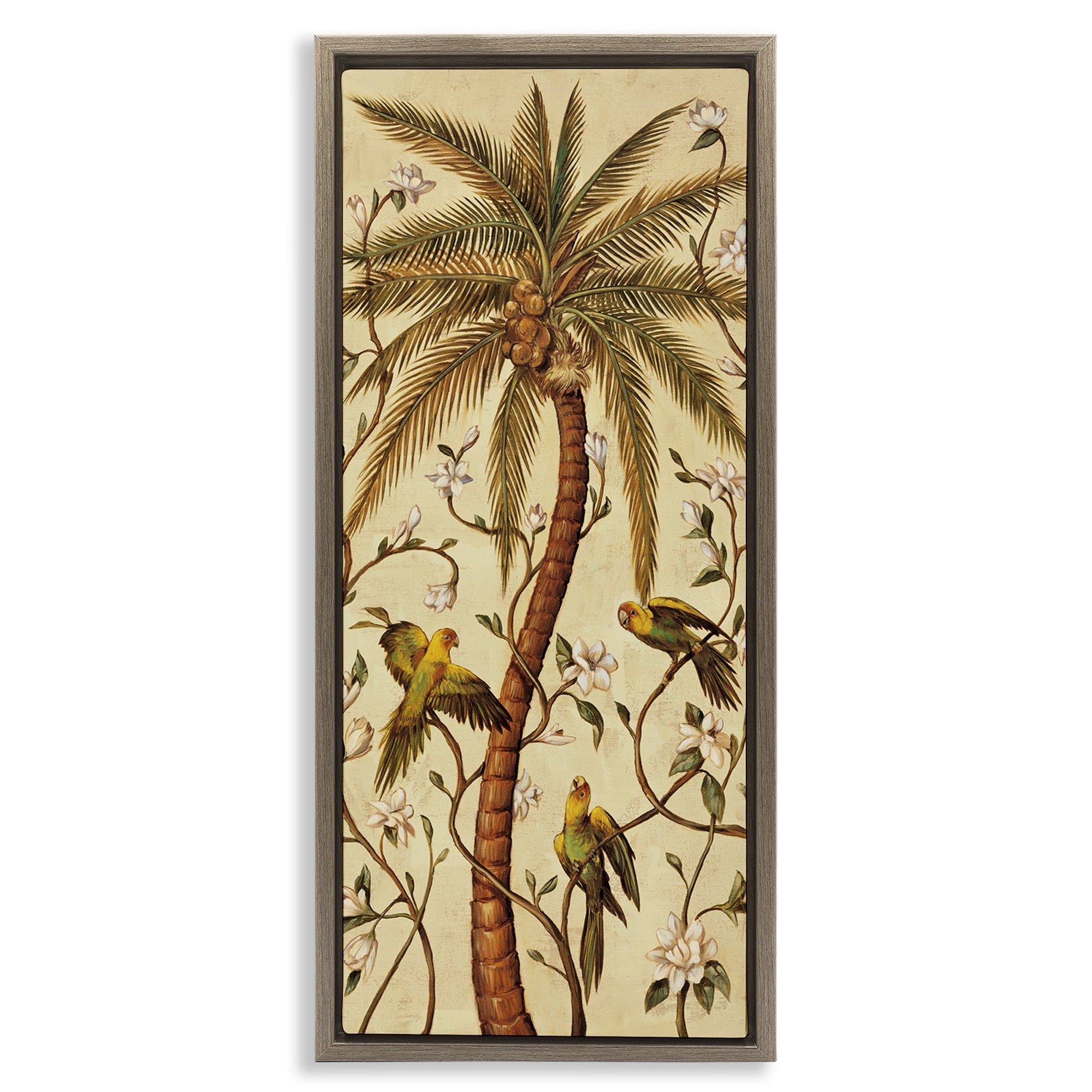 Stupell Industries Parrots & Curvy Palm Tree Plants & Flowers Painting Brown Floater Framed Canvas Art Print Wall Art, 11 x 25