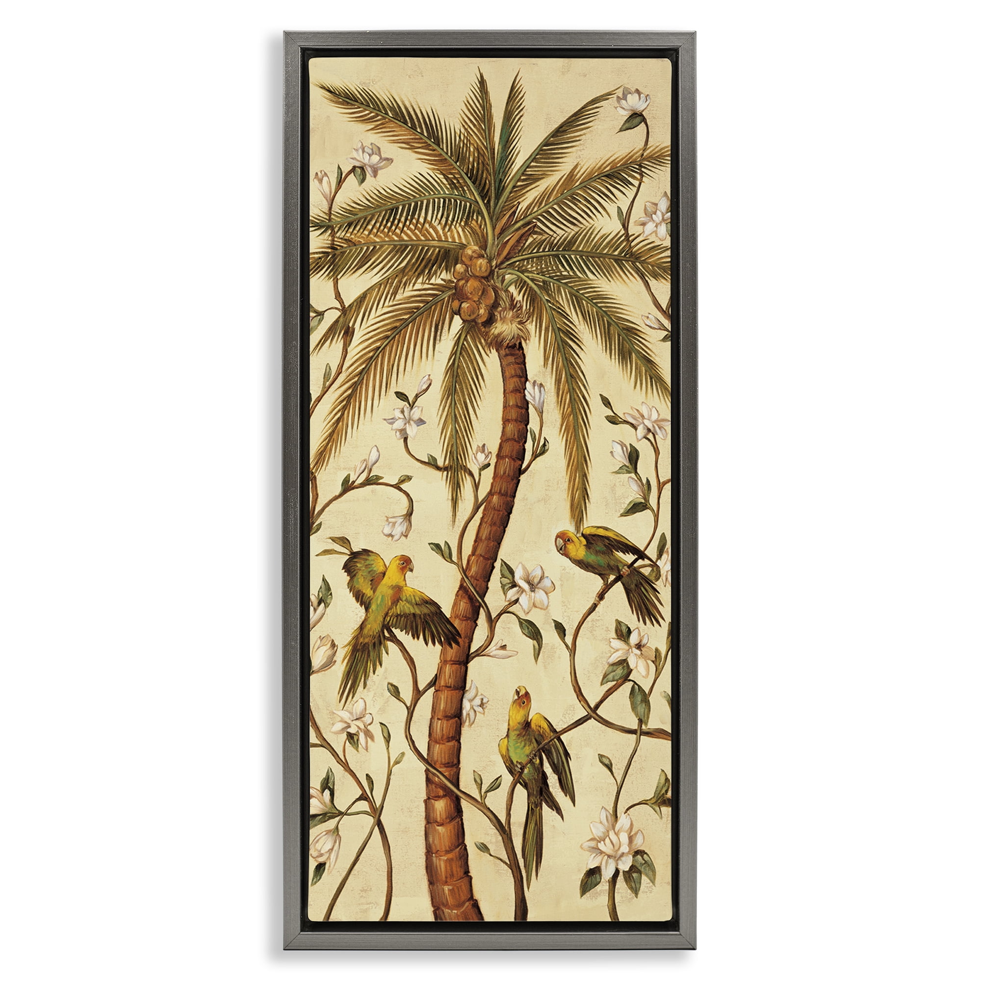 Stupell Industries Parrots & Curvy Palm Tree Plants & Flowers Painting Gray Floater Framed Canvas Art Print Wall Art, 11 x 25