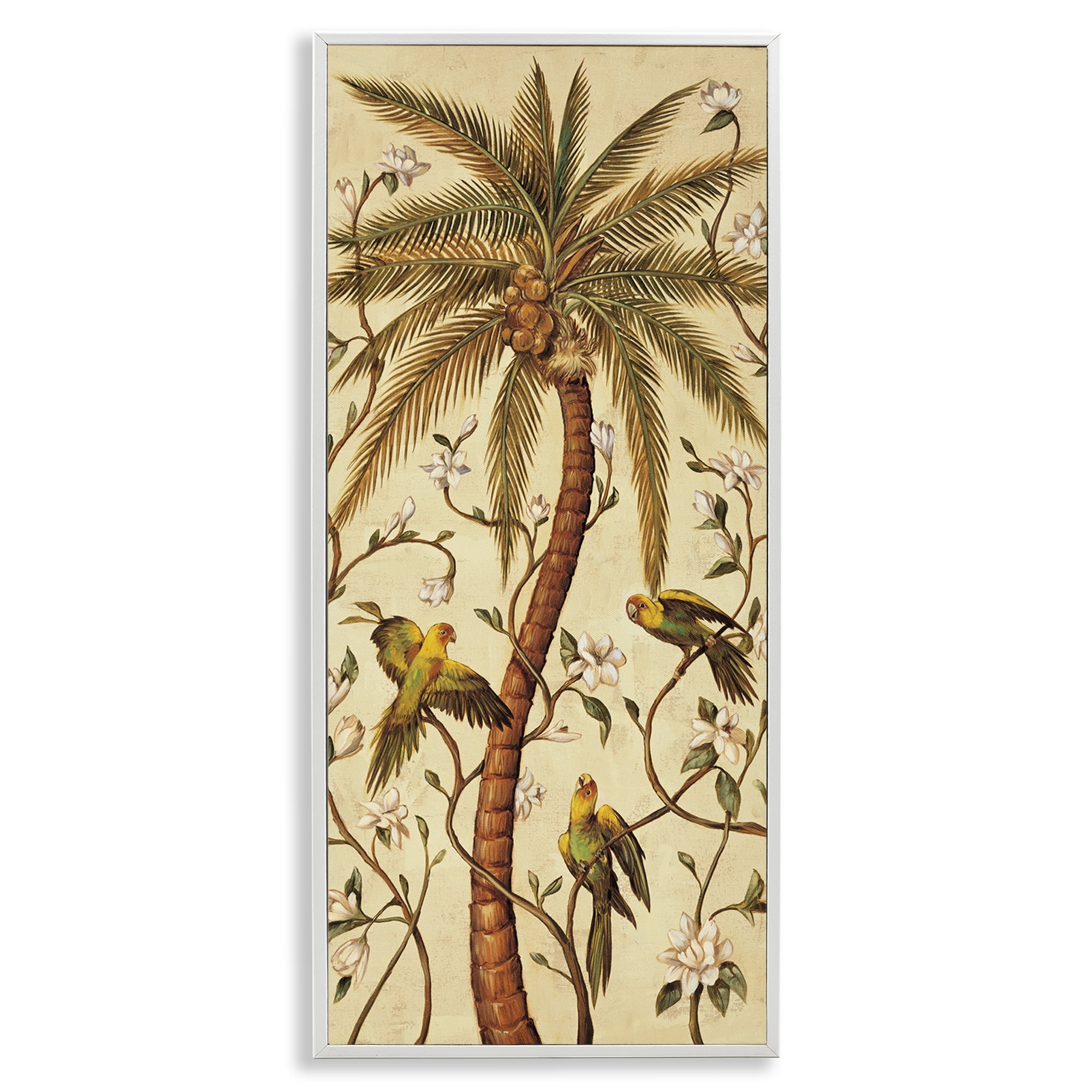 Stupell Industries Parrots & Curvy Palm Tree Plants & Flowers Painting White Framed Art Print Wall Art, 10 x 24