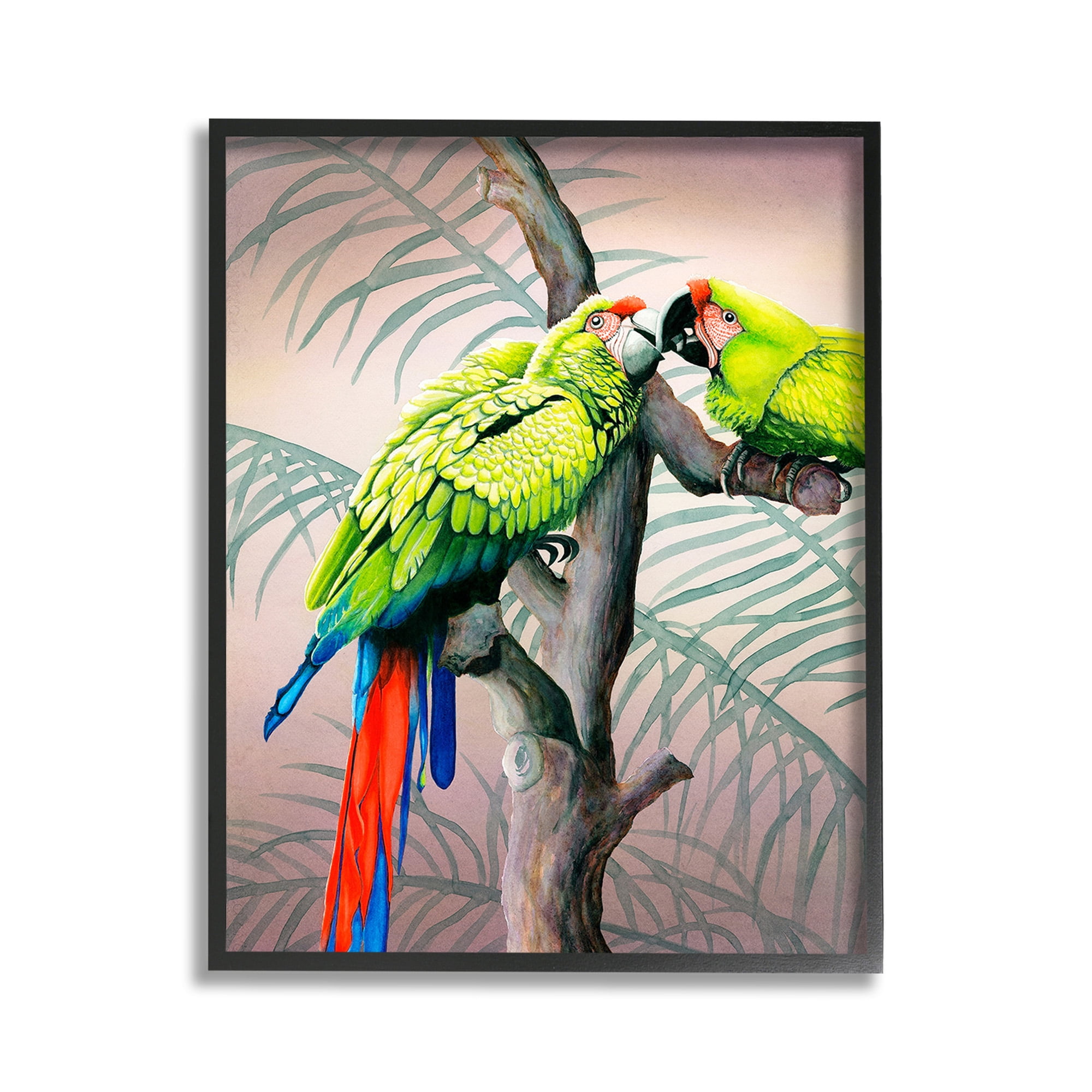 Stupell Industries Parrots Playing on Branch Animals & Insects Painting Black Framed Art Print Wall Art, 11 x 14