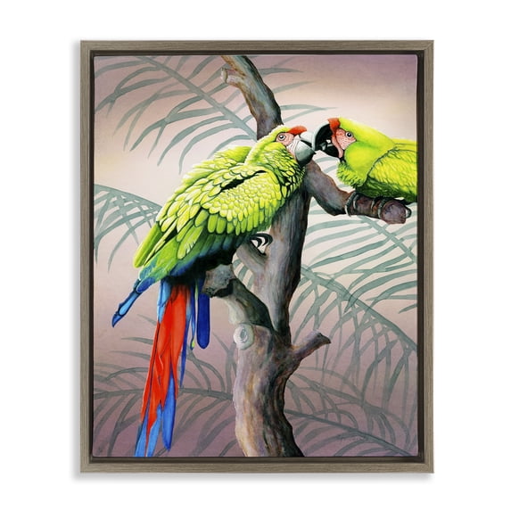 Stupell Industries Coastal Parrots Playing on Branch Brown Floating Frame Canvas Art, 25 x 31, by Christine Reichow