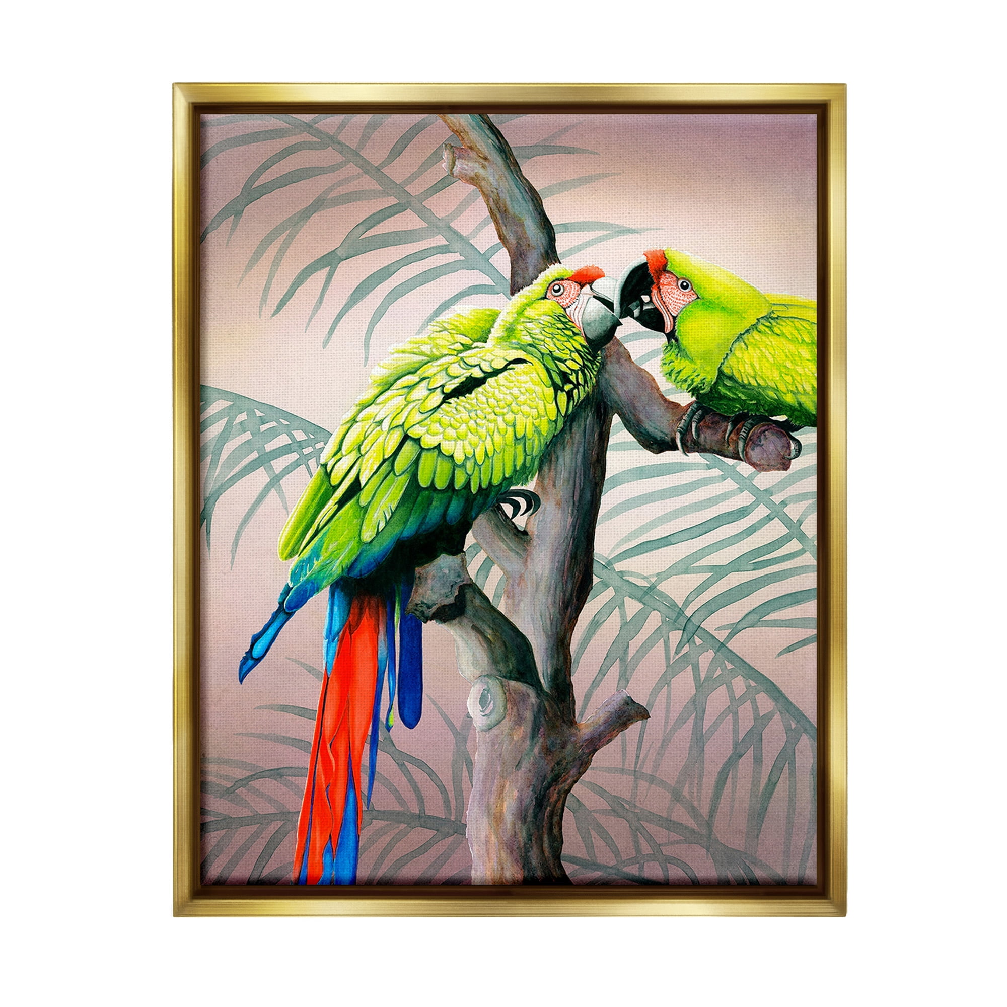 Stupell Industries Parrots Playing on Branch Animals & Insects Painting Gold Floater Framed Canvas Art Print Wall Art, 25 x 31