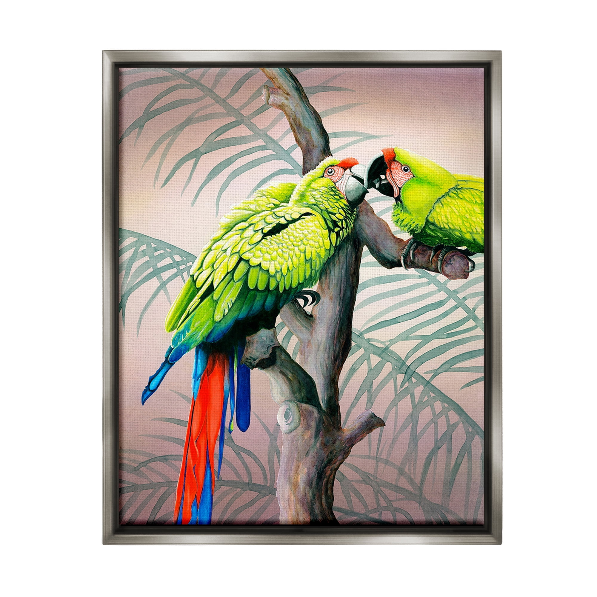 Stupell Industries Parrots Playing on Branch Animals & Insects Painting Gray Floater Framed Canvas Art Print Wall Art, 25 x 31