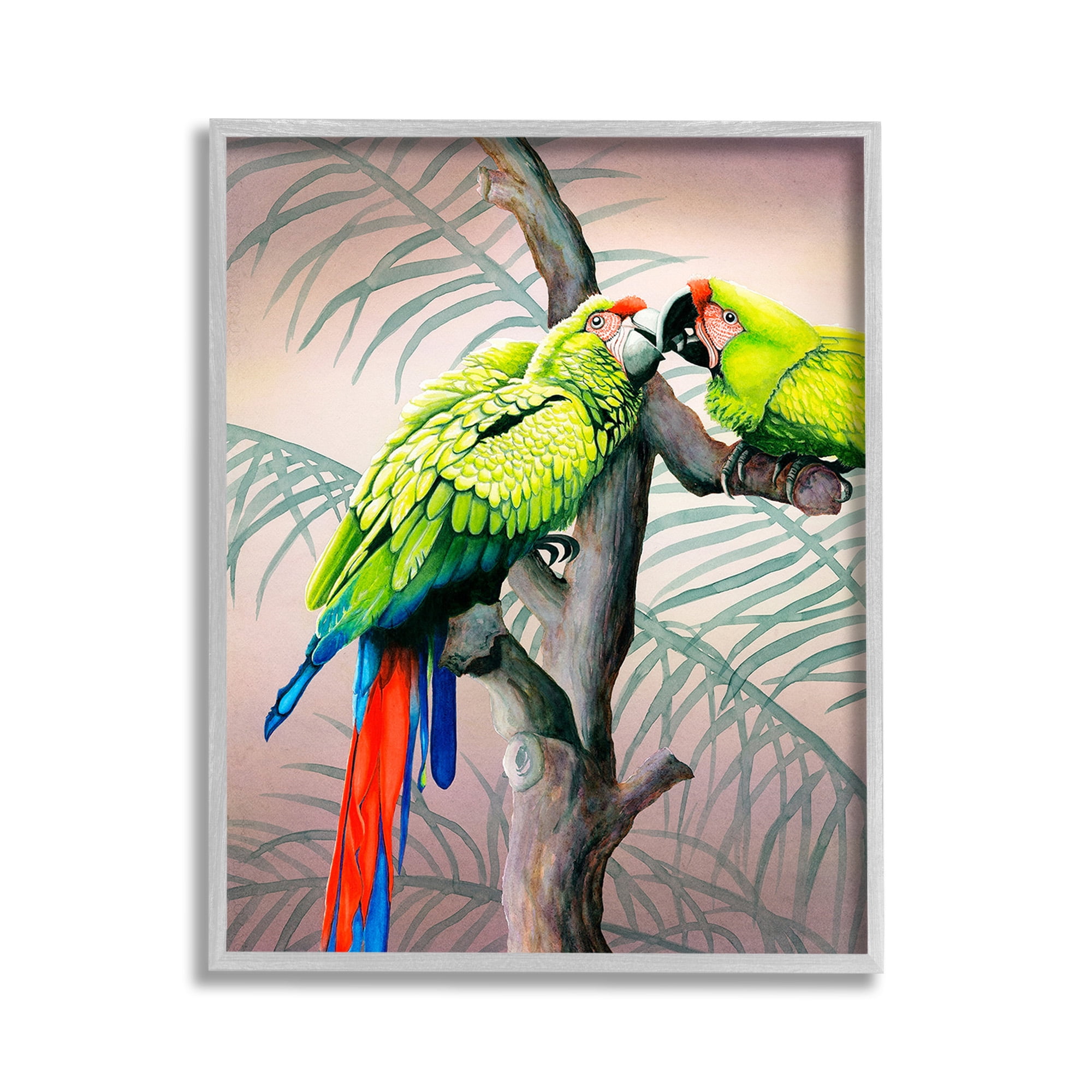 Stupell Industries Parrots Playing on Branch Animals & Insects Painting Gray Framed Art Print Wall Art, 11 x 14