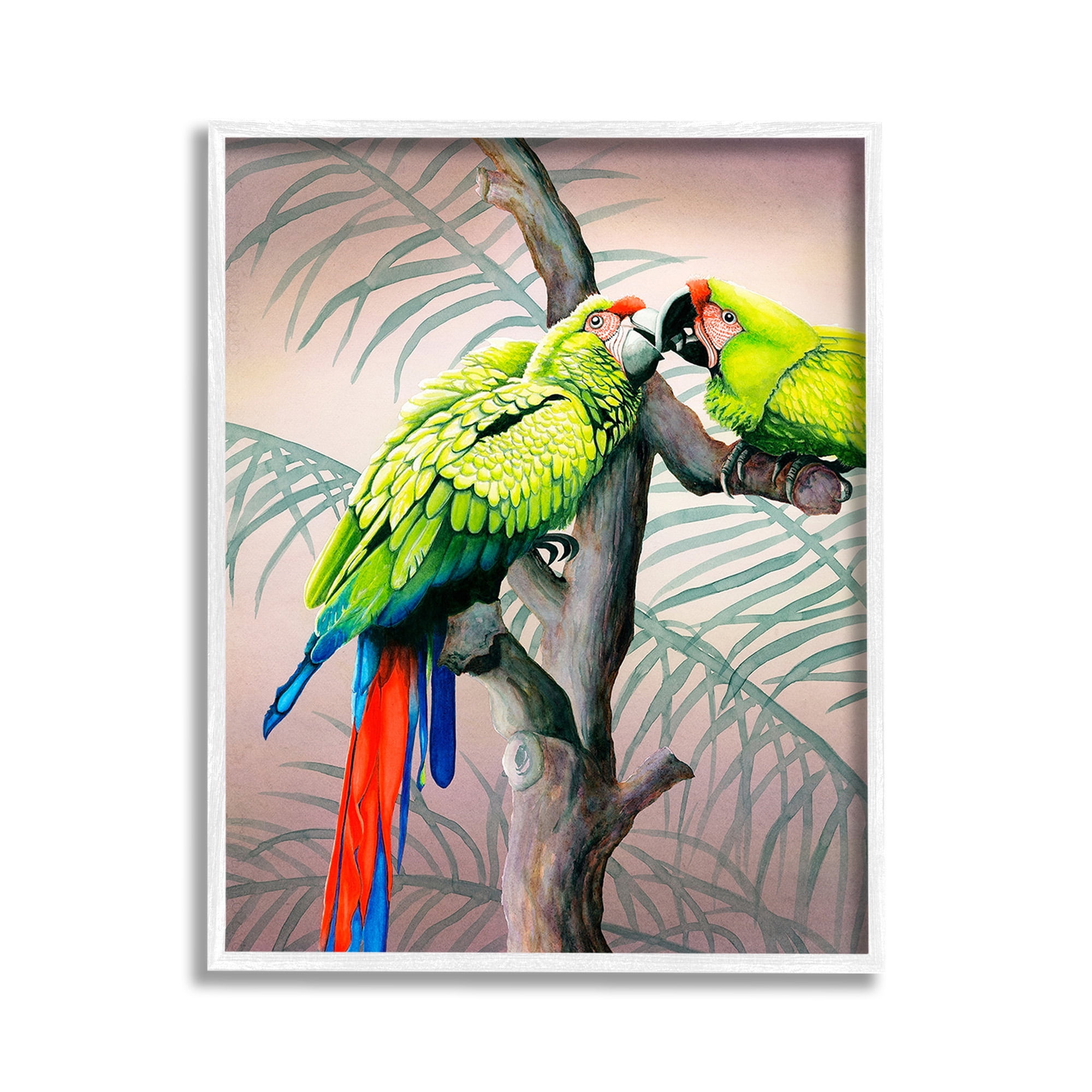 Colorful Parrots on Branch Canvas Print with White Frame