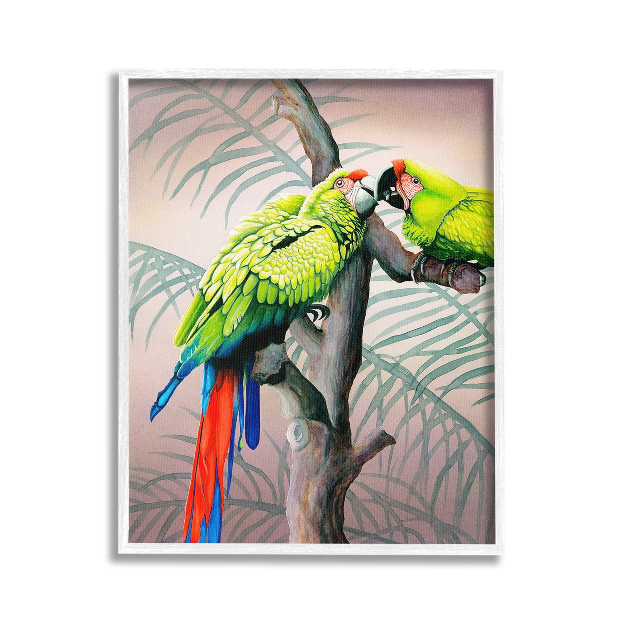 Stupell Industries Parrots Playing on Branch Animals & Insects Painting White Framed Art Print Wall Art, 16 x 20