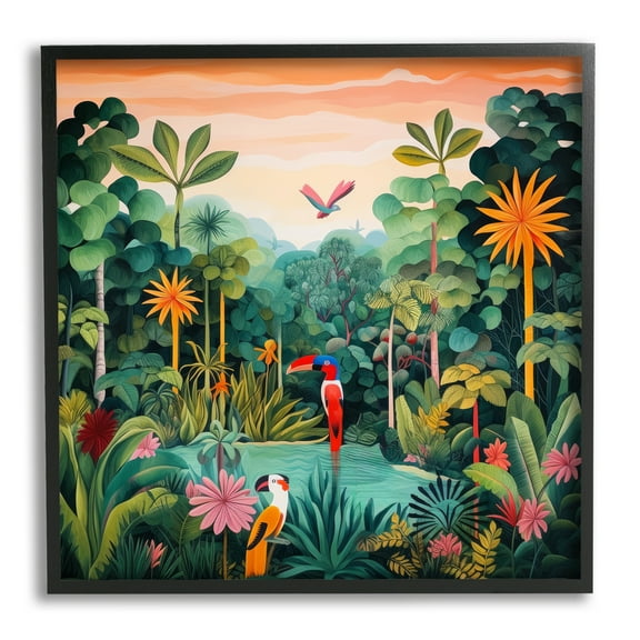 Stupell Industries Parrots & Tropical Pond Landscape Painting Black Framed Art Print Wall Art, 12 x 12