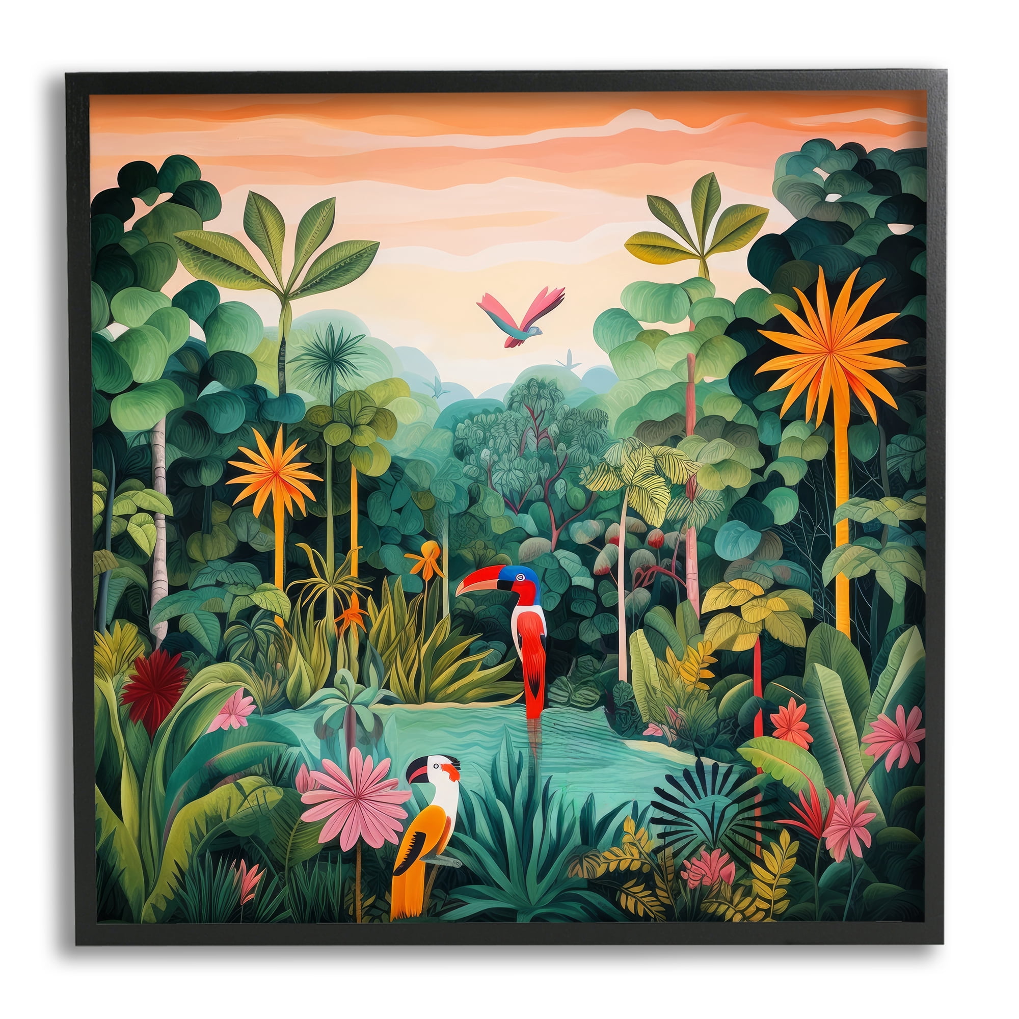Stupell Industries Parrots & Tropical Pond Landscape Painting Black Framed Art Print Wall Art, 17 x 17