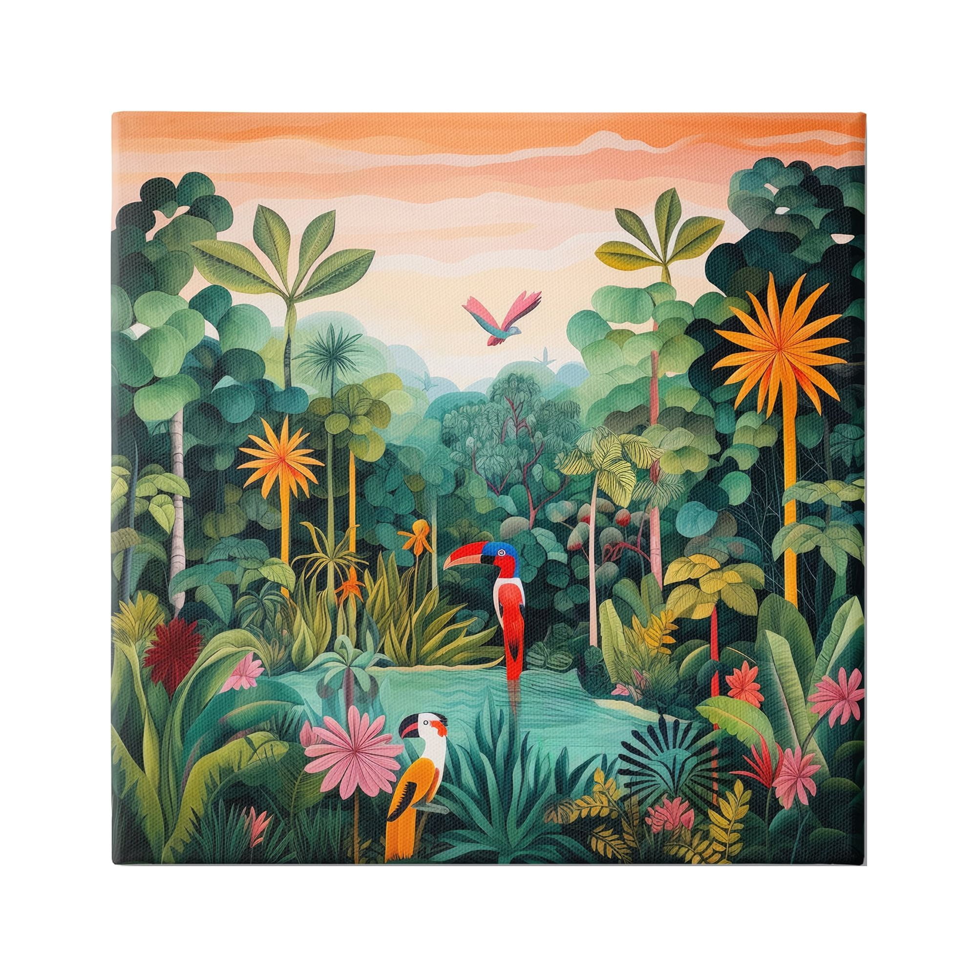 Stupell Industries Parrots & Tropical Pond Landscape Painting Gallery Wrapped Canvas Art Print Wall Art, 30 x 30
