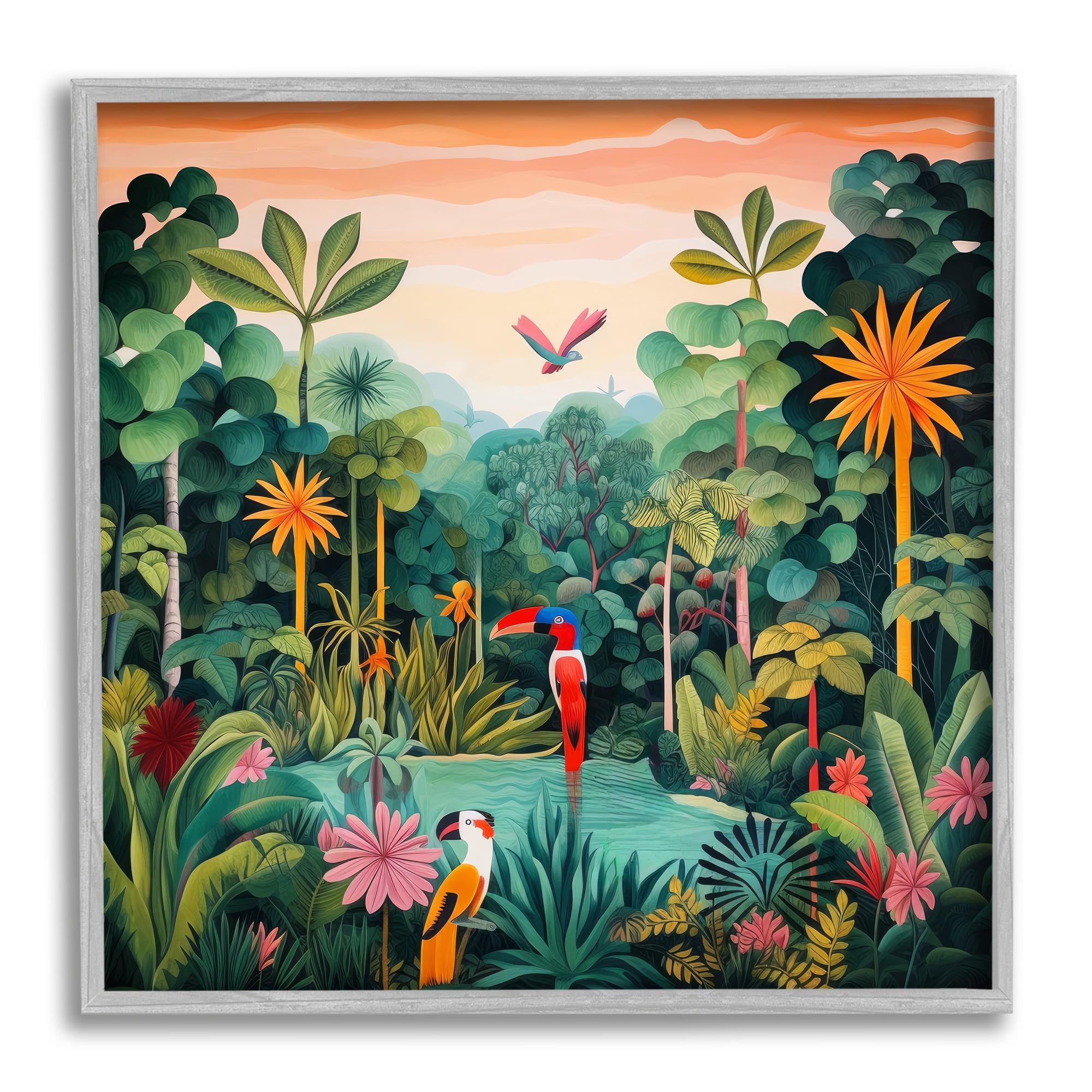 Stupell Industries Parrots & Tropical Pond Landscape Painting Gray Framed Art Print Wall Art, 24 x 24