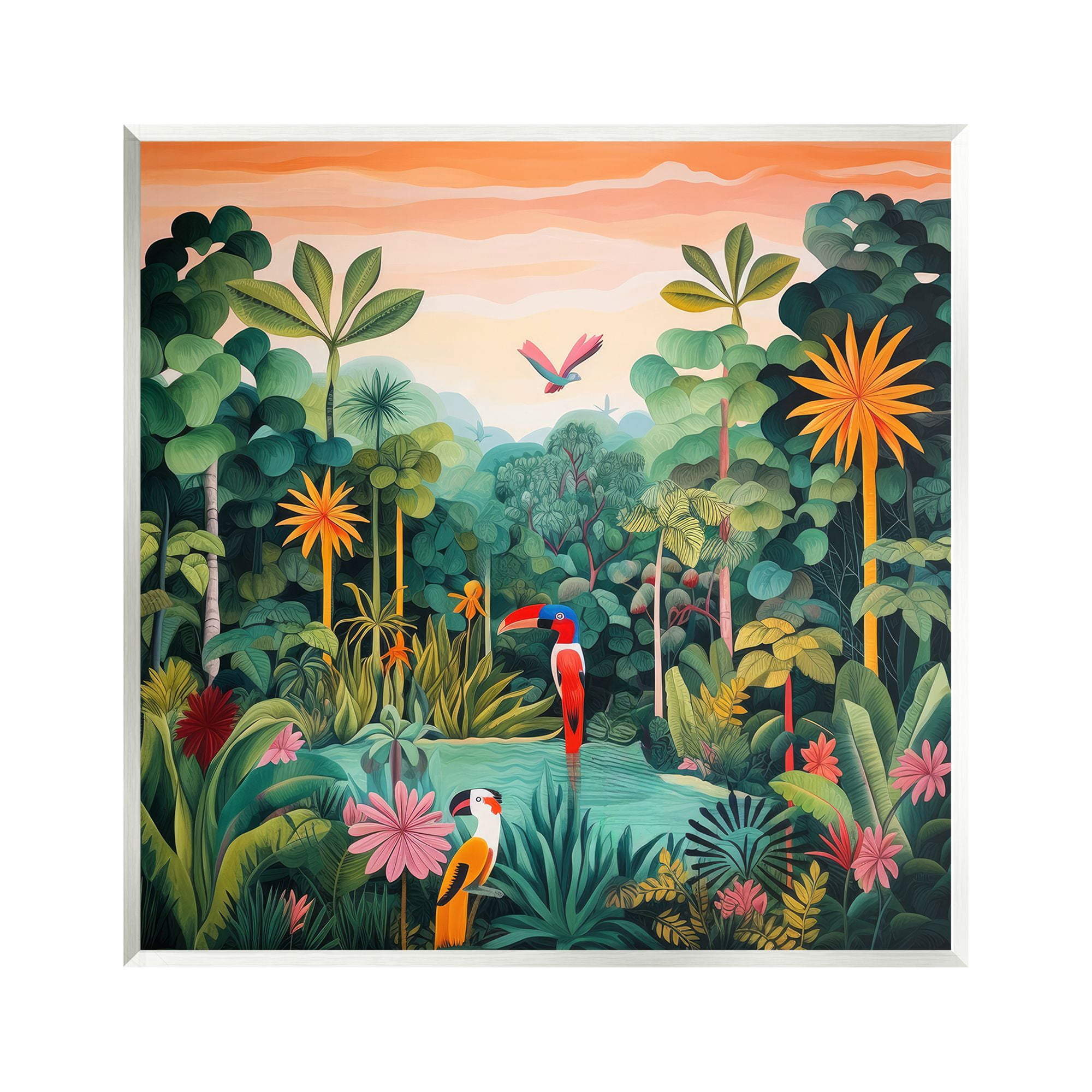 Stupell Industries Parrots & Tropical Pond Landscape Painting Unframed Art Print Wall Art, 12 x 12
