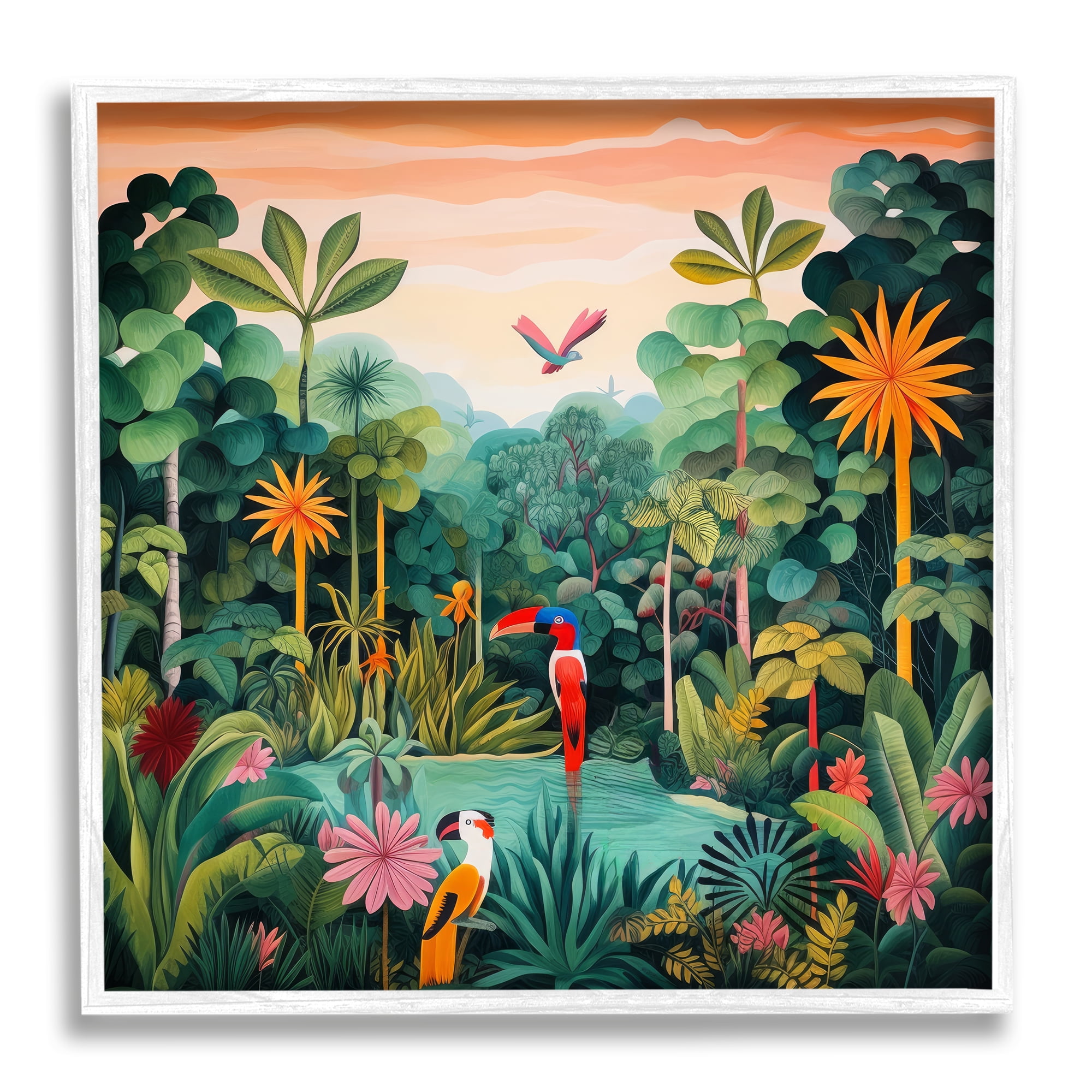 Stupell Industries Parrots & Tropical Pond Landscape Painting White Framed Art Print Wall Art, 17 x 17