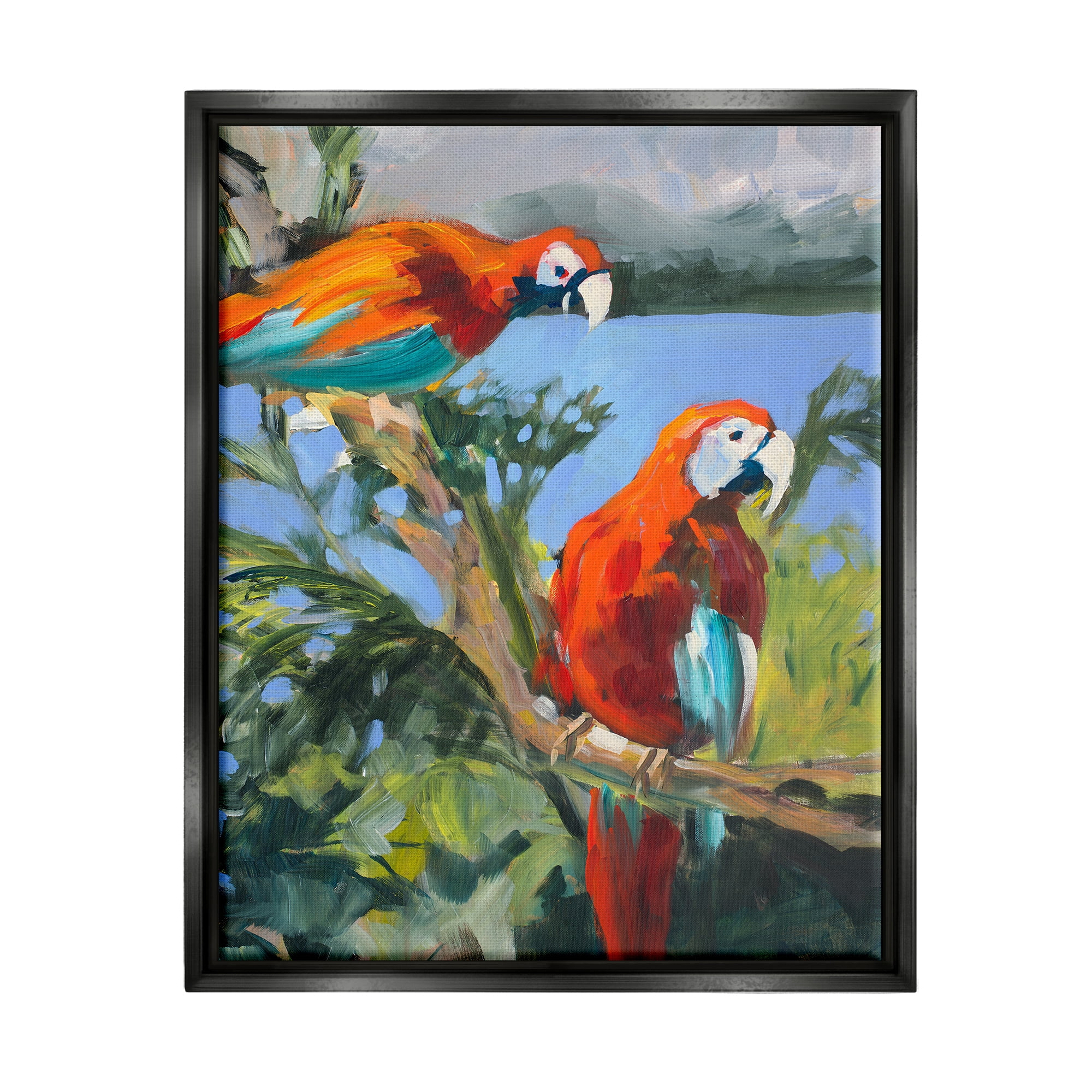 Stupell Industries Parrots at Bay Painting Animals & Insects Painting Black Floater Framed Art Print Wall Art, 17 x 21