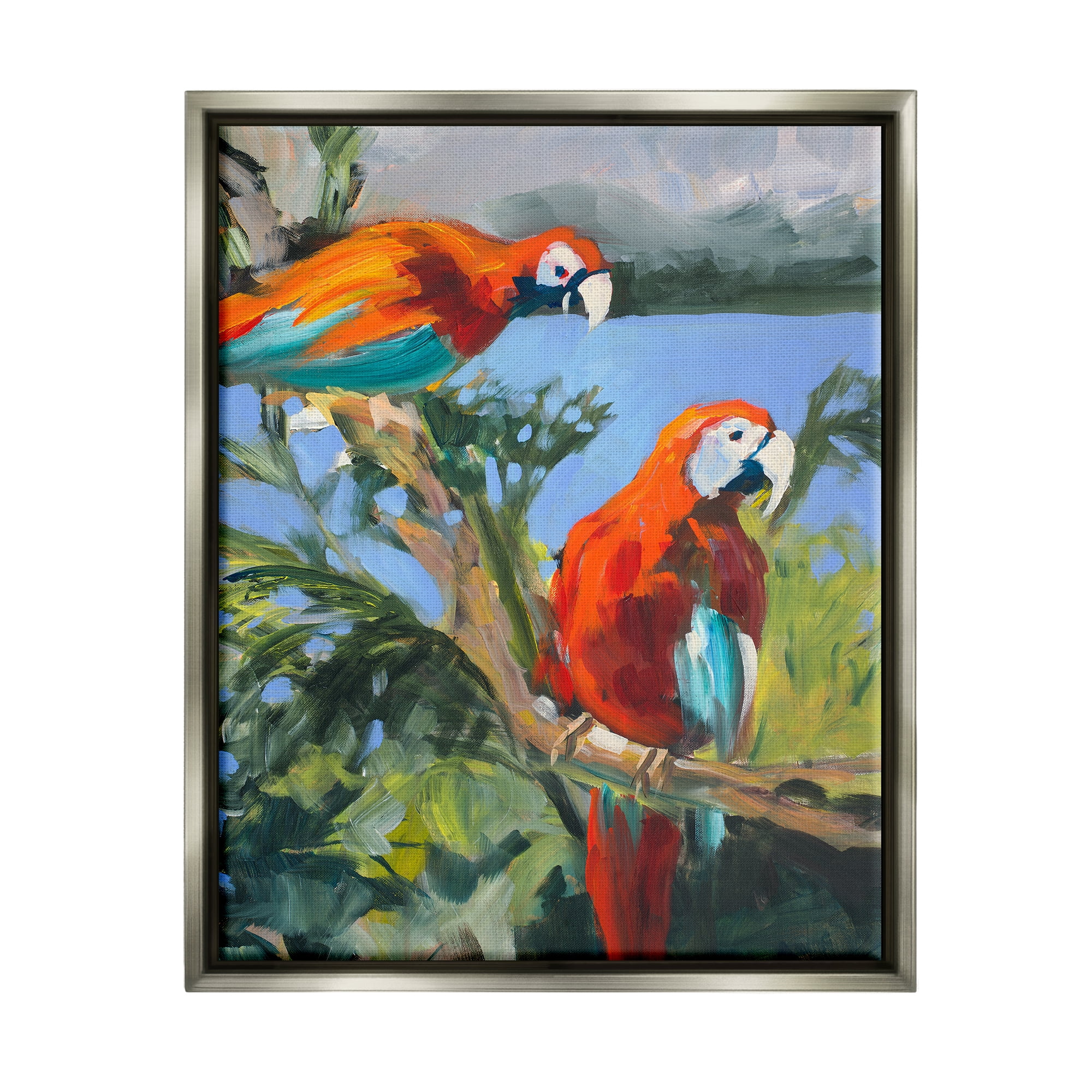 Stupell Industries Parrots at Bay Painting Animals & Insects Painting Gray Floater Framed Art Print Wall Art, 25 x 31