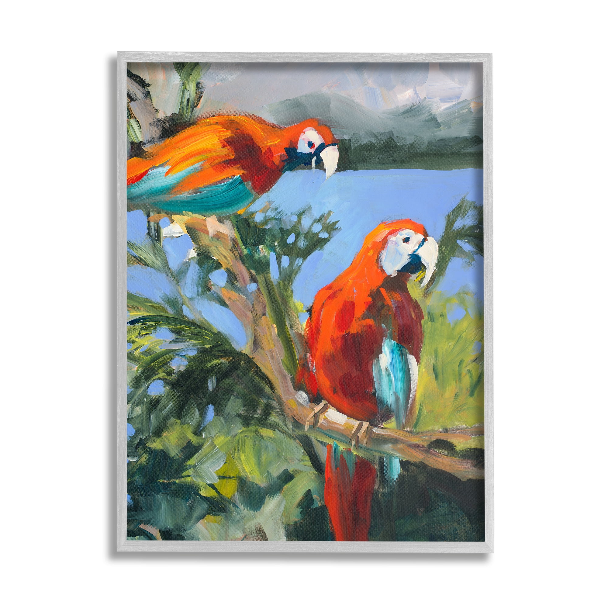 Stupell Industries Parrots at Bay Painting Animals & Insects Painting Gray Framed Art Print Wall Art, 16 x 20