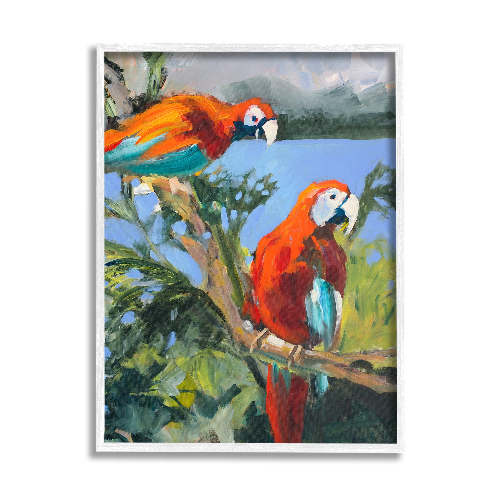 Stupell Industries Parrots at Bay Painting Animals & Insects Painting White Framed Art Print Wall Art, 24 x 30