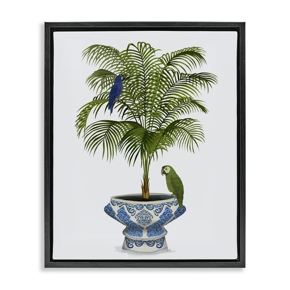 Stupell Industries Parrots on Ornate Planter Botanical & Floral Painting Black Floater Framed Canvas Art Print Wall Art, 17 x 21