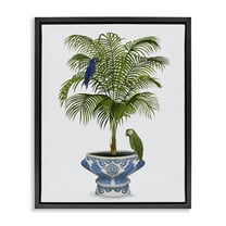 Stupell Industries Parrots on Ornate Planter Botanical & Floral Painting Black Floater Framed Canvas Art Print Wall Art, 17 x 21
