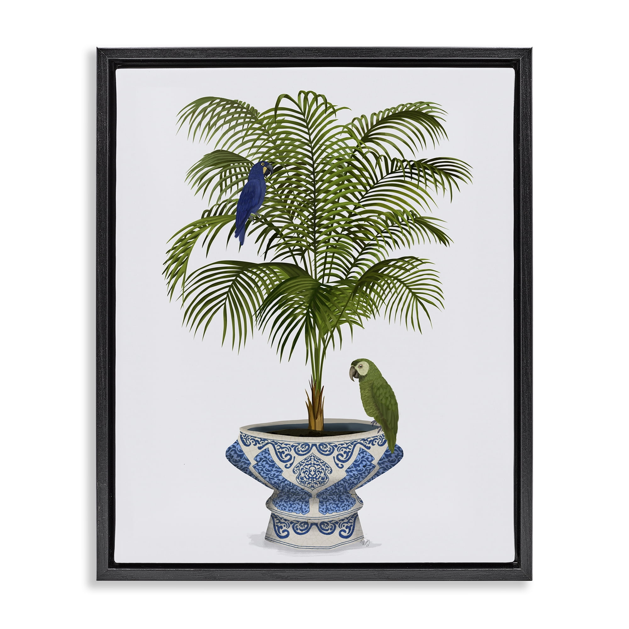 Stupell Industries Parrots on Ornate Planter Botanical & Floral Painting Black Floater Framed Canvas Art Print Wall Art, 25 x 31