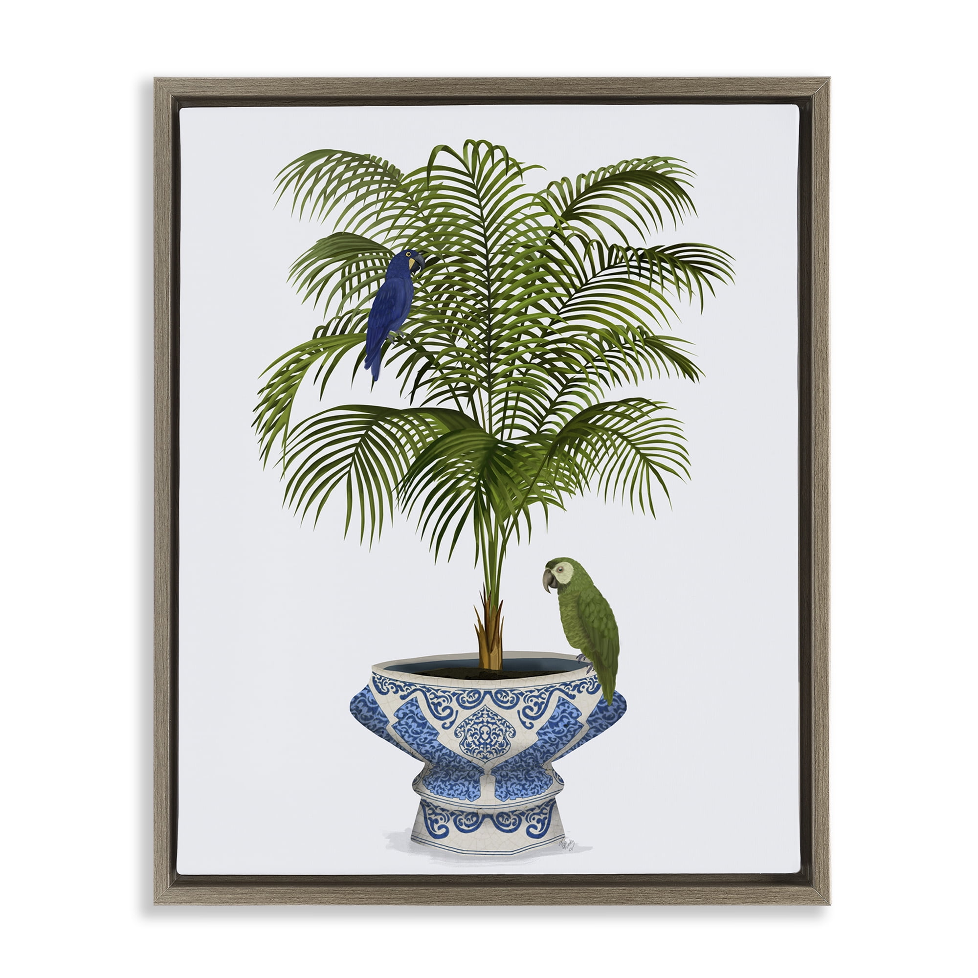 Stupell Industries Parrots on Ornate Planter Botanical & Floral Painting Brown Floater Framed Canvas Art Print Wall Art, 17 x 21