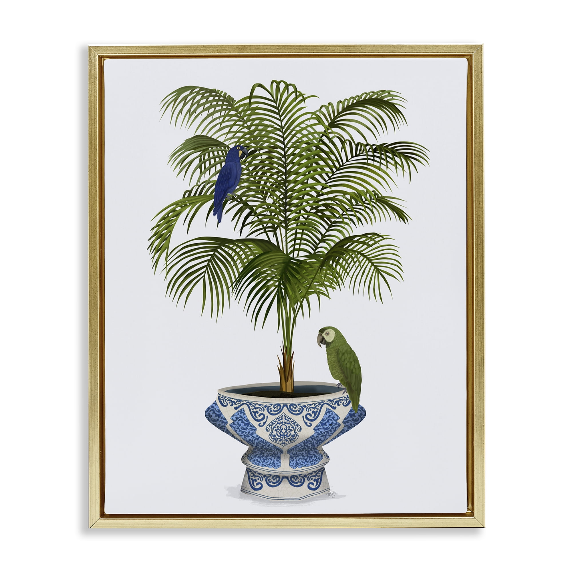 Stupell Industries Parrots on Ornate Planter Botanical & Floral Painting Gold Floater Framed Canvas Art Print Wall Art, 17 x 21