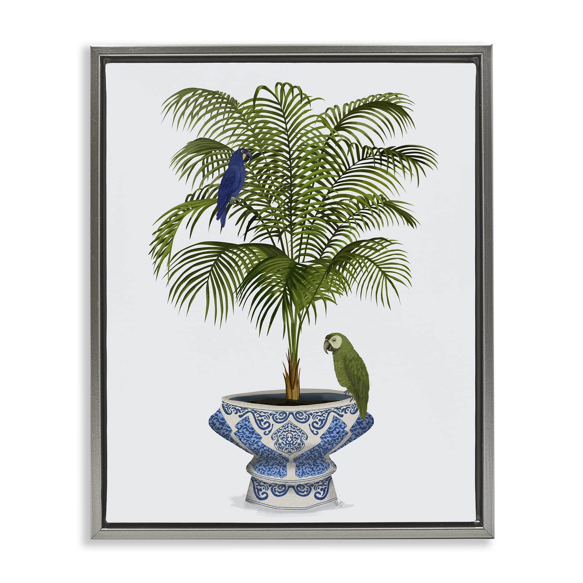 Stupell Industries Parrots on Ornate Planter Botanical & Floral Painting Gray Floater Framed Canvas Art Print Wall Art, 17 x 21