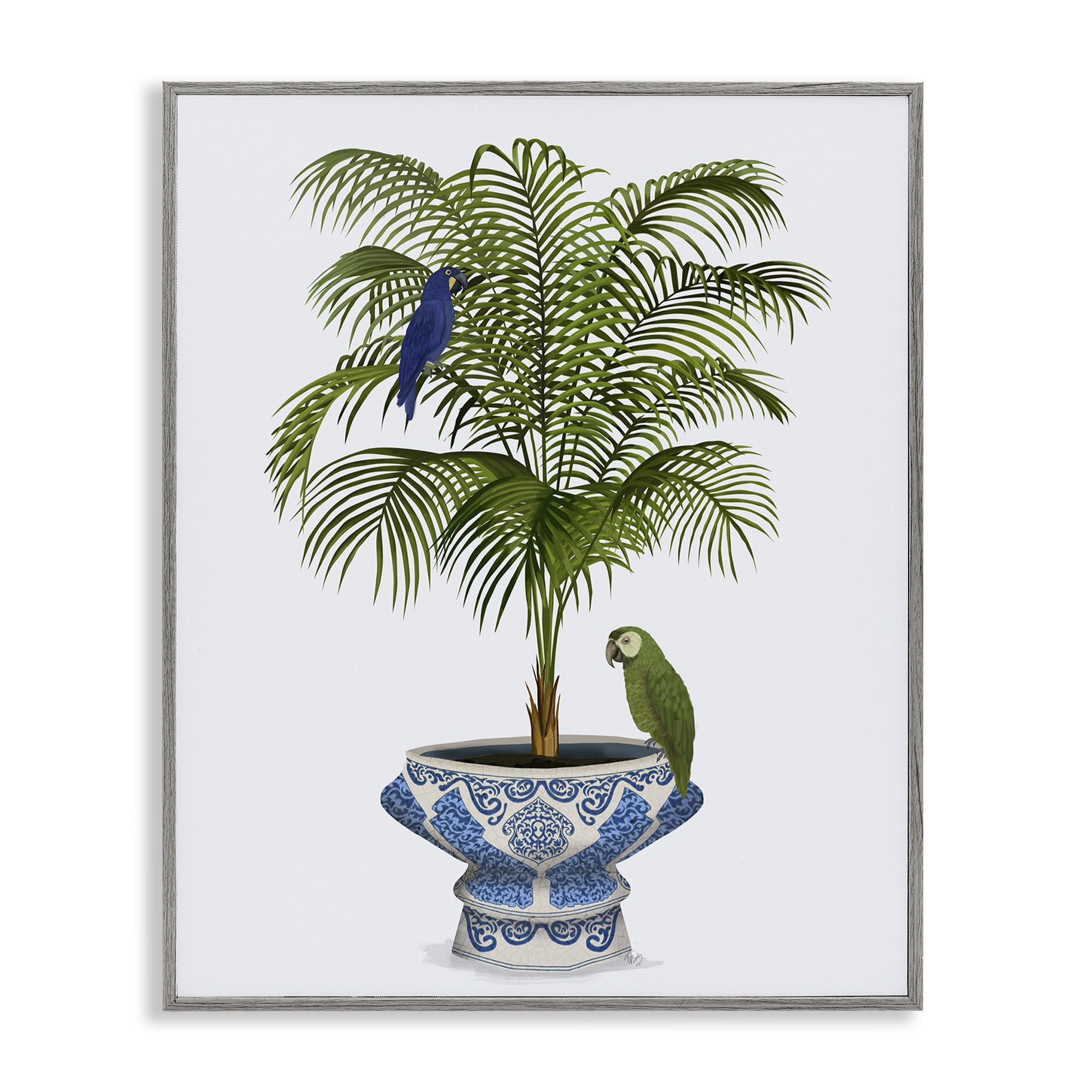 Stupell Industries Parrots on Ornate Planter Botanical & Floral Painting Gray Framed Art Print Wall Art, 24 x 30