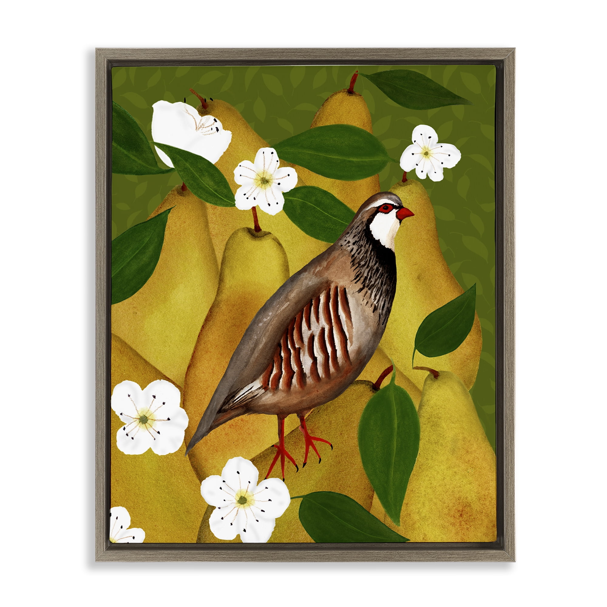 Stupell Industries Partridge Bird & Pears Food & Beverage Painting Brown Floater Framed Canvas Art Print Wall Art, 17 x 21