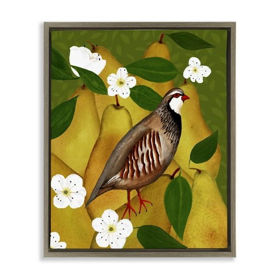 Stupell Industries Partridge Bird & Pears Food & Beverage Painting Brown Floater Framed Canvas Art Print Wall Art, 17 x 21