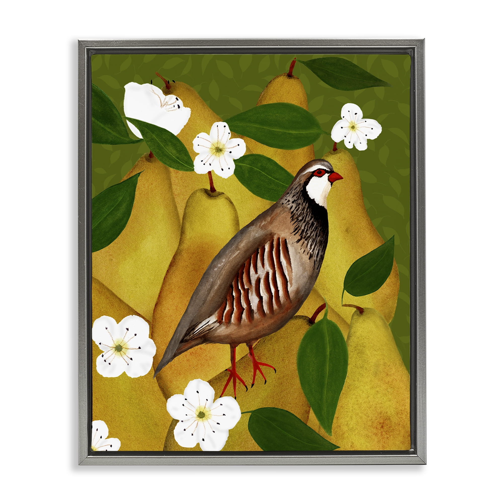 Stupell Industries Partridge Bird & Pears Food & Beverage Painting Gray Floater Framed Canvas Art Print Wall Art, 17 x 21