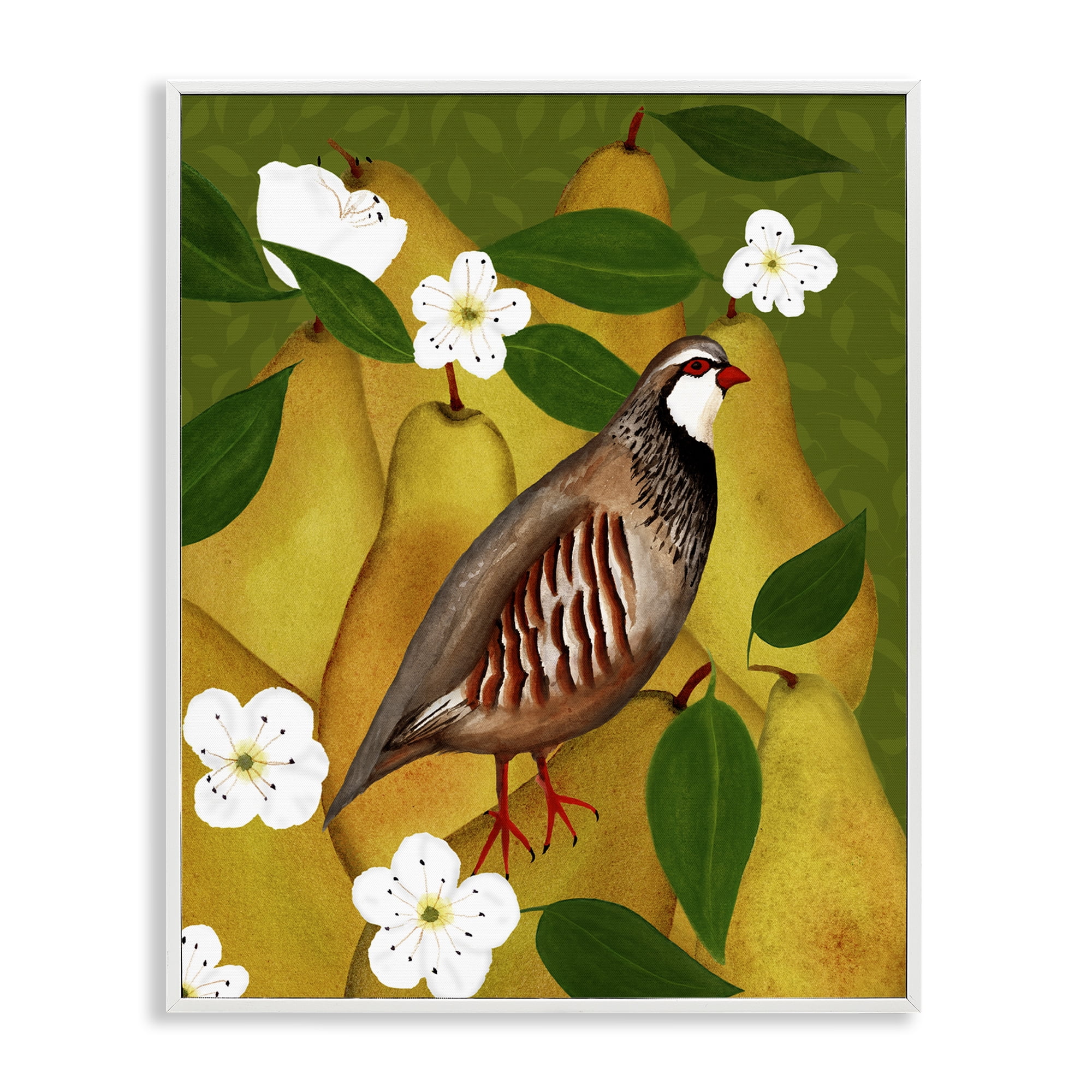 Stupell Industries Partridge Bird & Pears Food & Beverage Painting White Framed Art Print Wall Art, 16 x 20