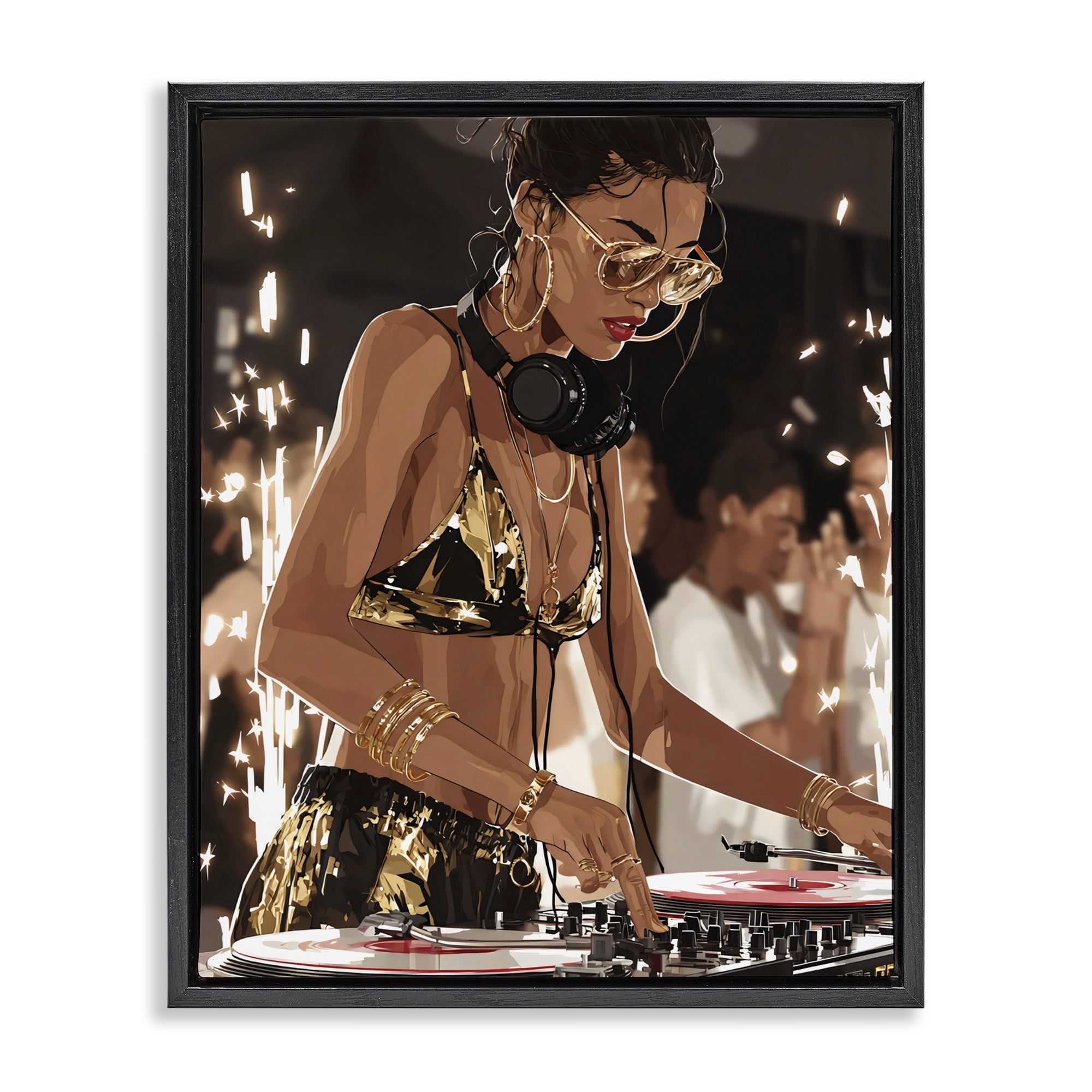 Stupell Industries Party All Night Gilded DJ Black Framed Floater Canvas Wall Art, design by Franklyn Gregory