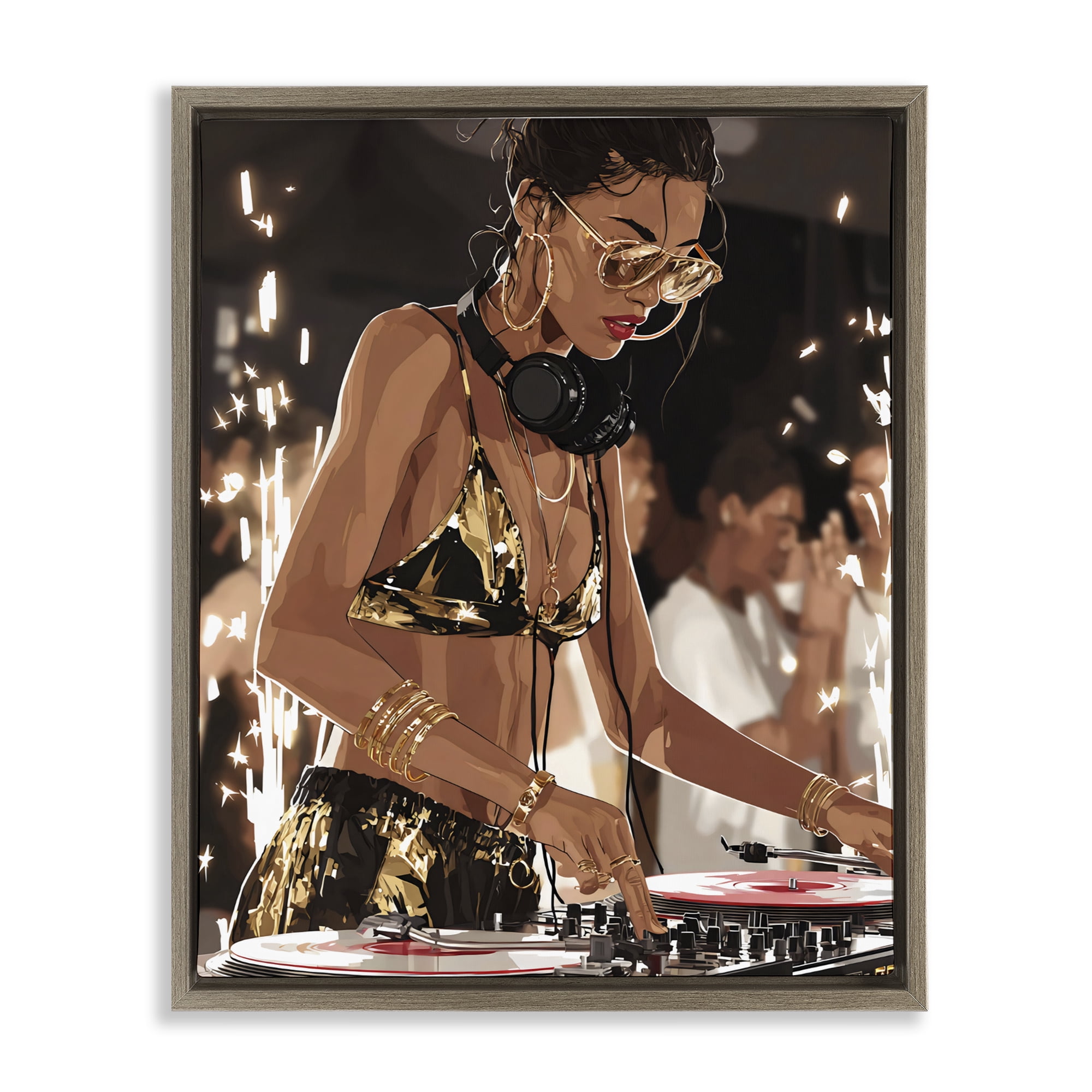 Stupell Industries Party All Night Gilded DJ Brown Framed Floater Canvas Wall Art, design by Franklyn Gregory